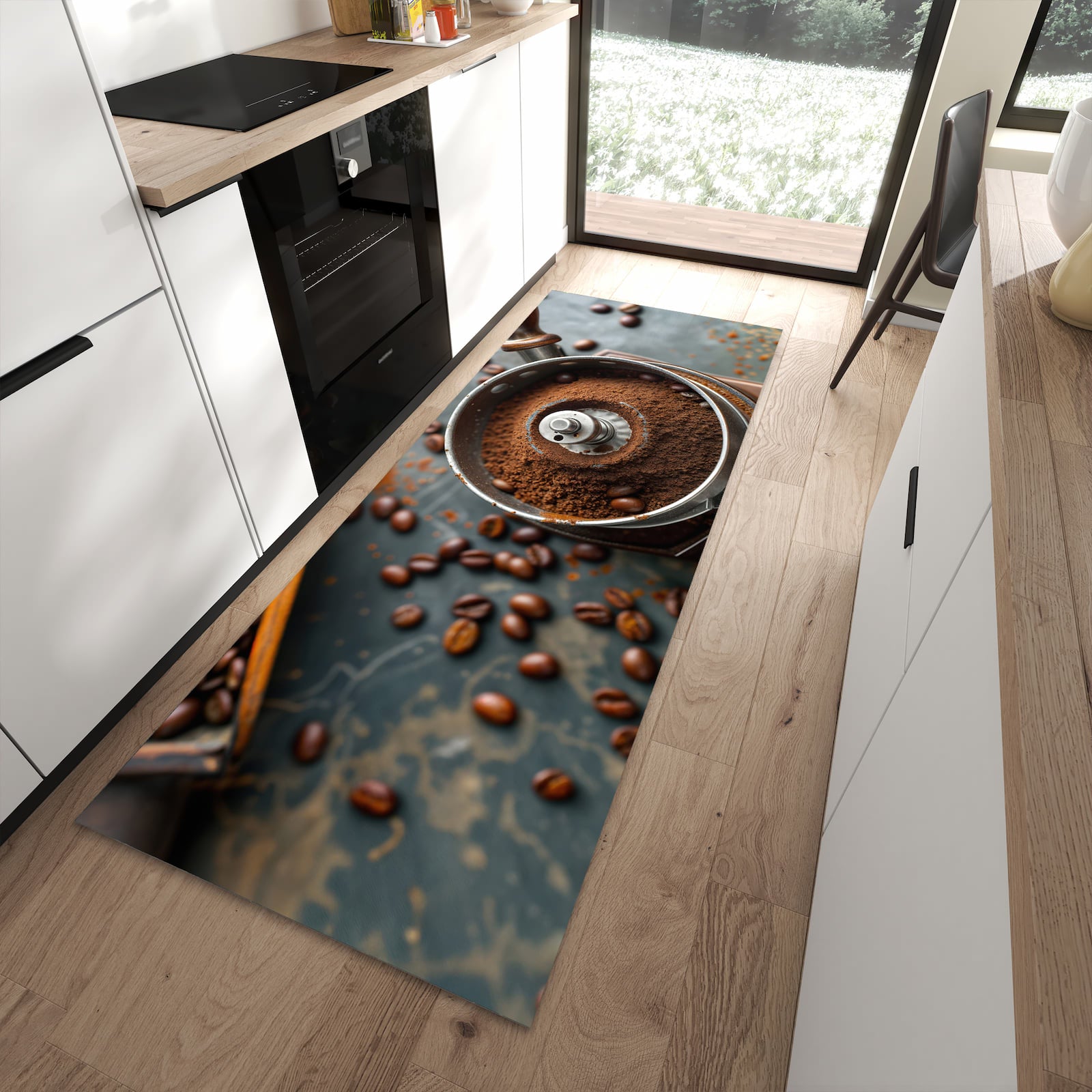 Langlebiger Küchenteppich mit Motiv Kaffeemühle in moderner Küche