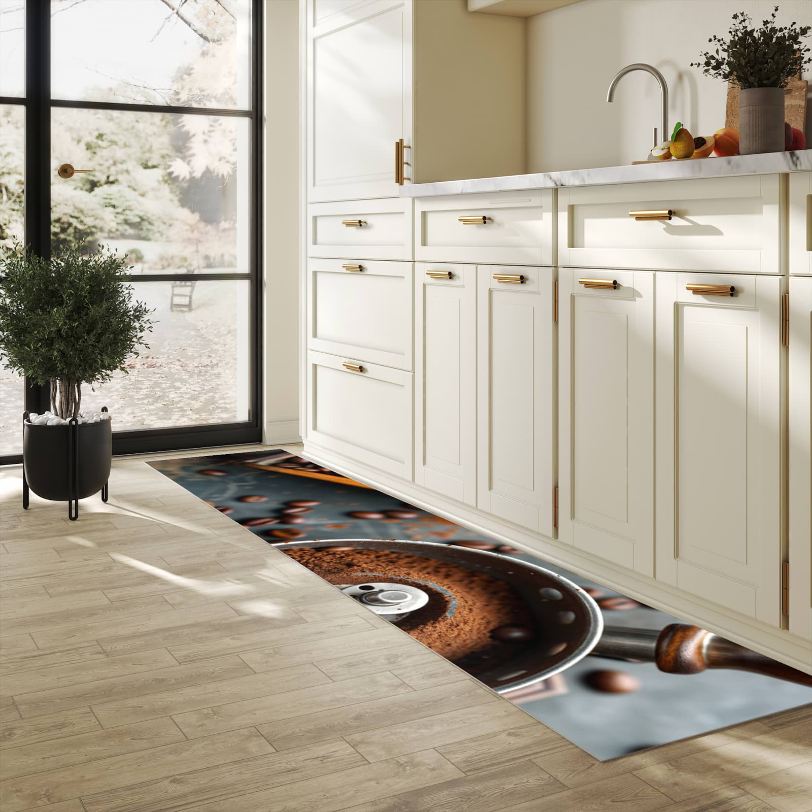 Zeitsparender waschbarer Küchenteppich mit Motiv Kaffeemühle in heller Küche