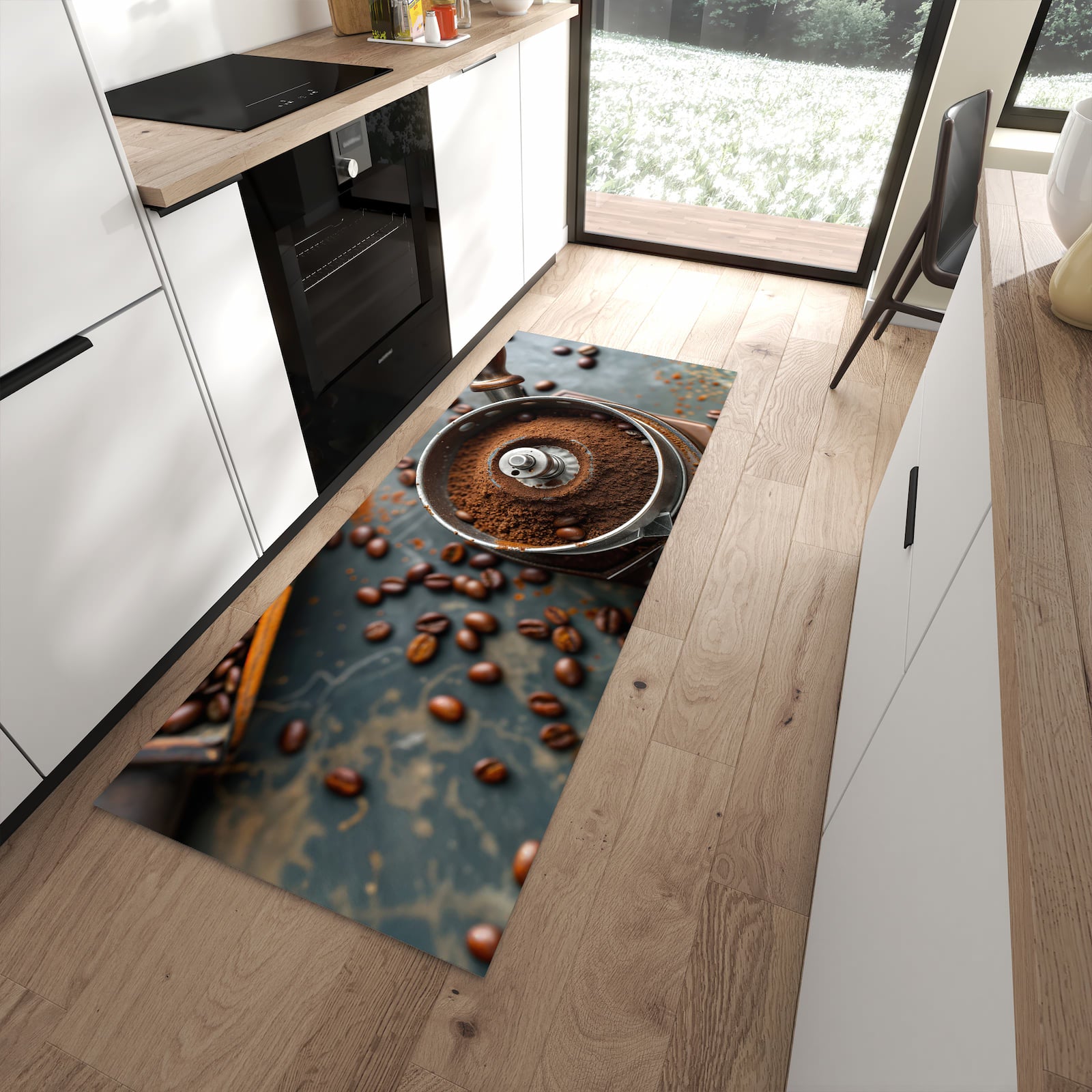 Küchenteppich mit Motiv Kaffeemühle für Trittkomfort in moderner Küche, waschbar