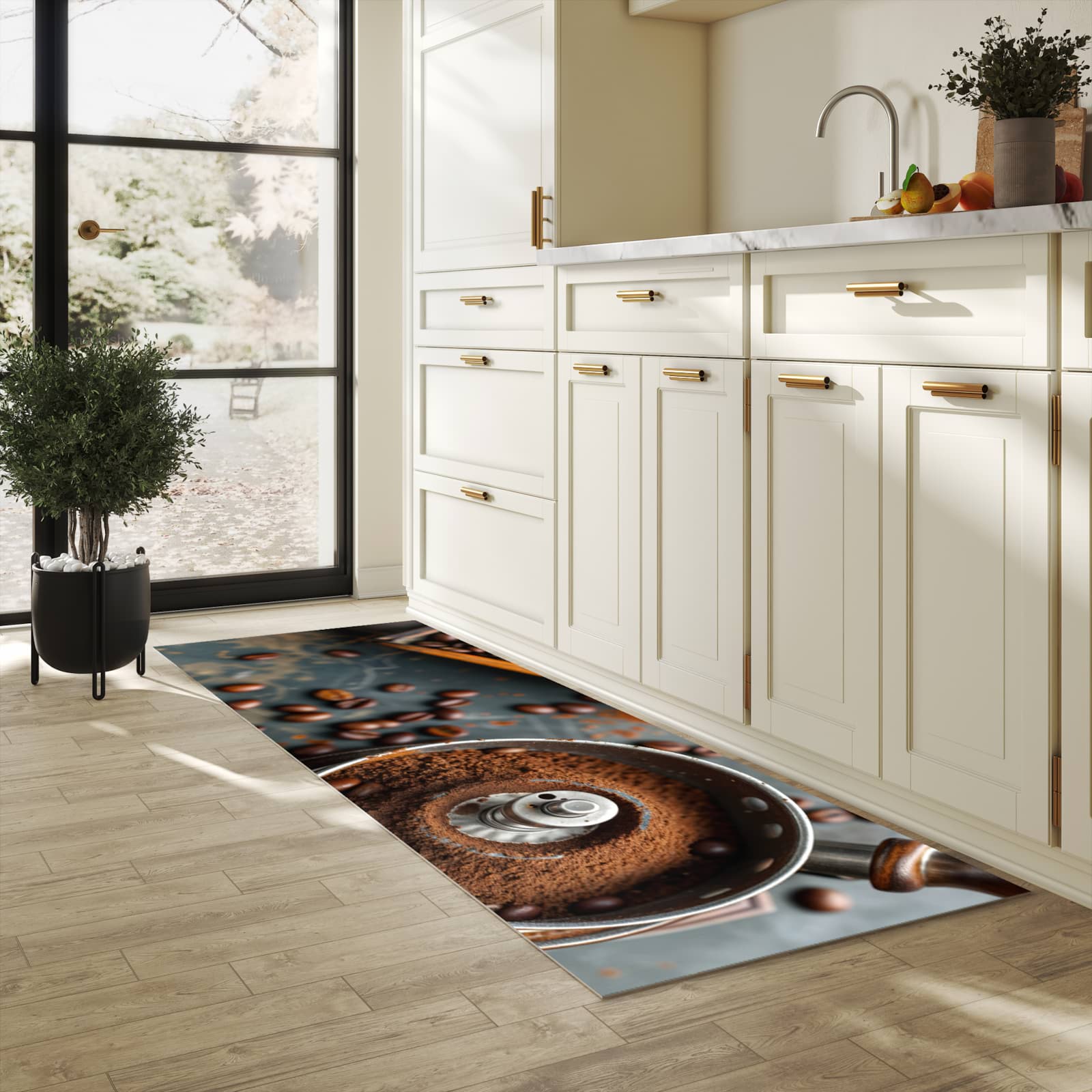 UV-beständiger Teppichläufer mit Motiv Kaffeemühle in heller Küche