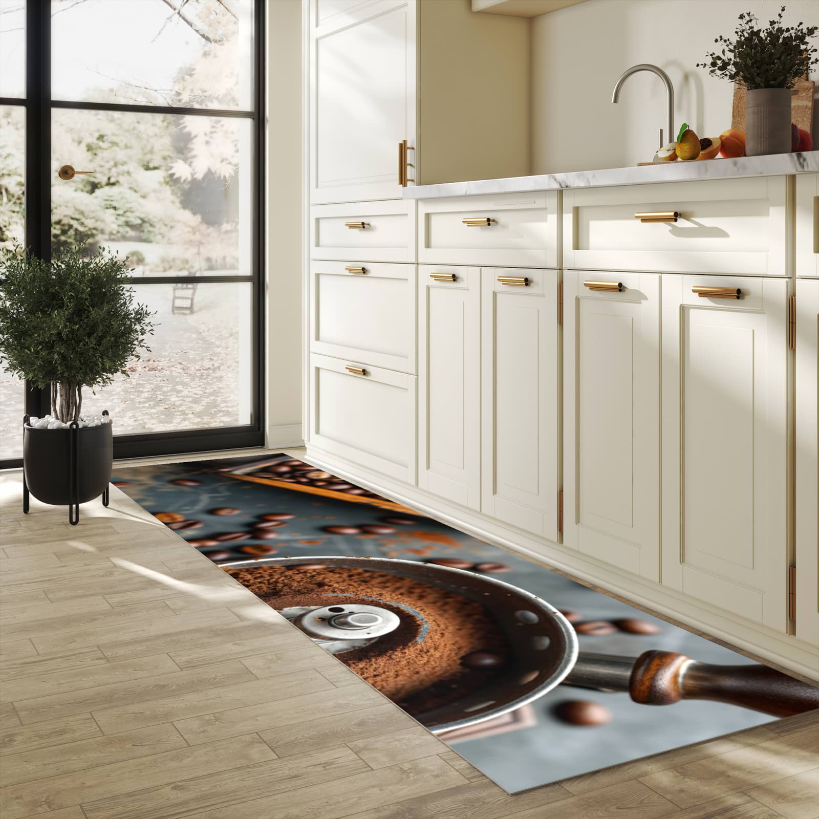 Wasserabweisender Küchenläufer mit Motiv Kaffeemühle in heller Küche