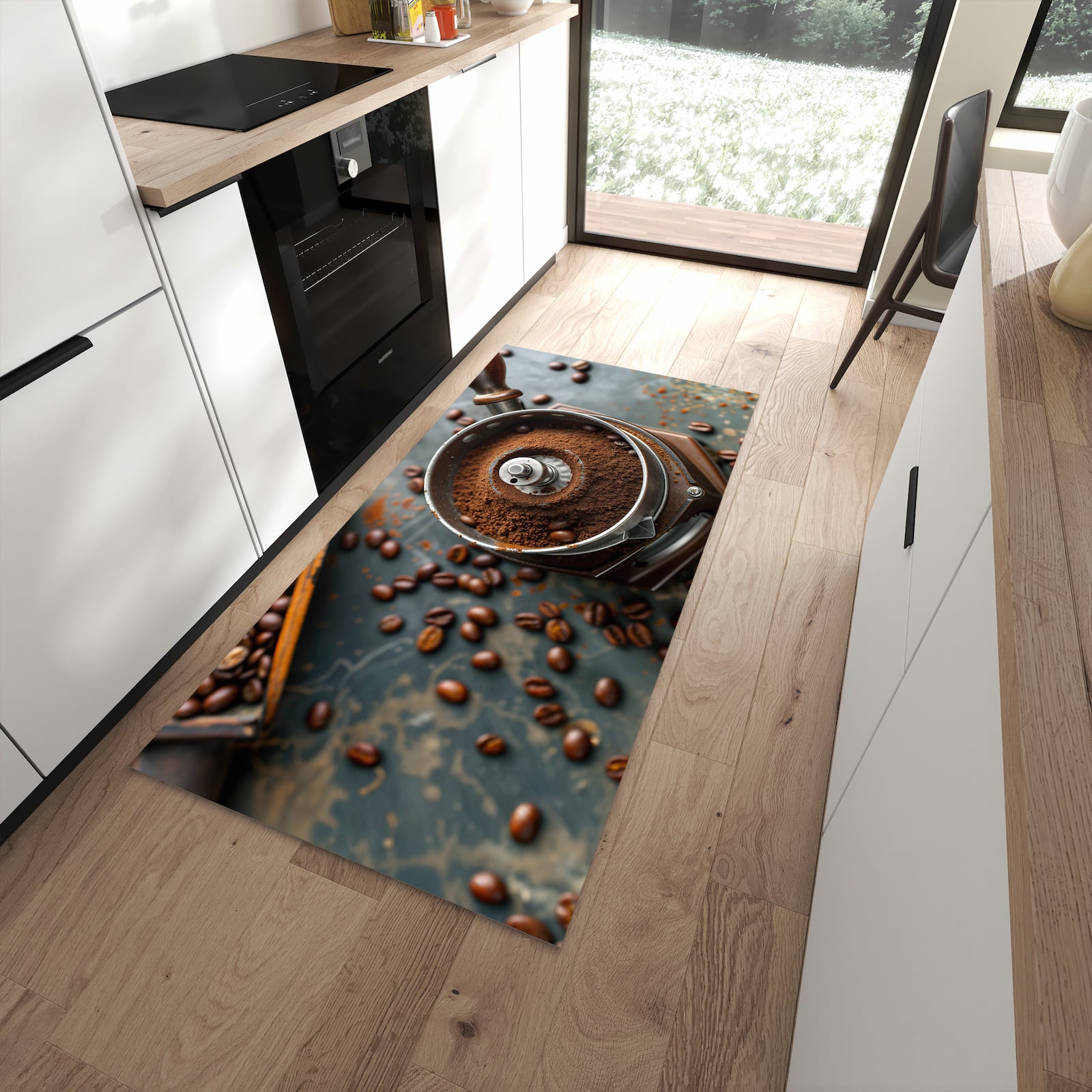 Geruchsneutraler Bodenläufer Teppich mit Motiv Kaffeemühle in moderner Küche