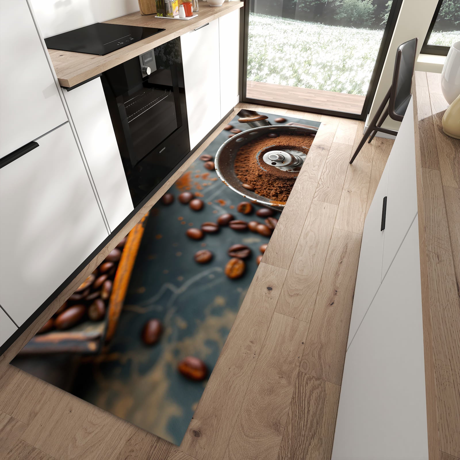 Fleckenresistenter rutschfester Küchenteppich mit Motiv Kaffeemühle in moderner Küche