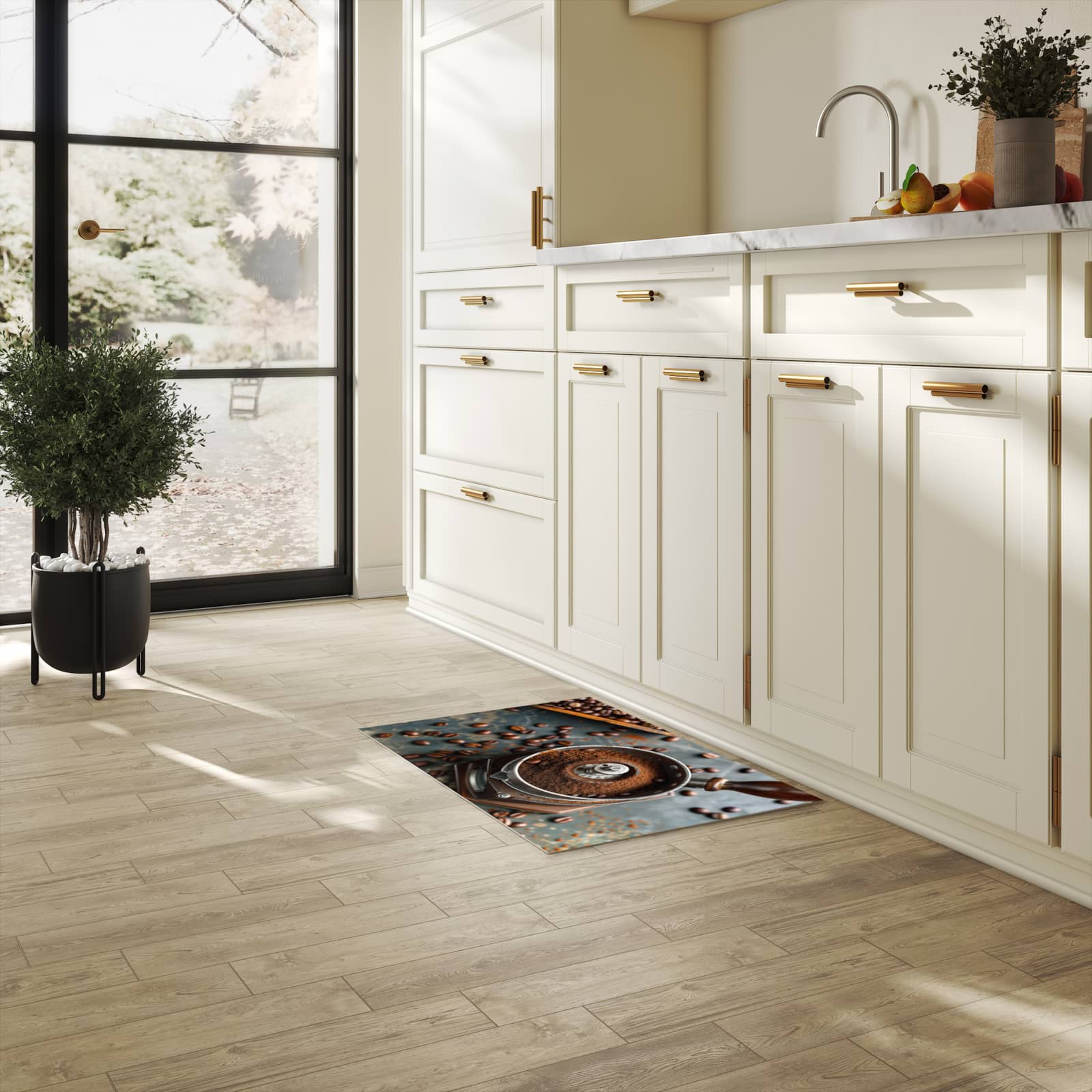 Geräuschdämpfender Küchenläufer mit Motiv Kaffeemühle in heller Küche