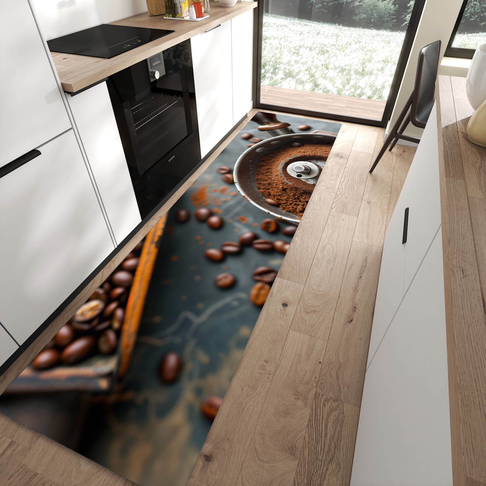 Schmutzabweisender Bodenläufer mit Motiv Kaffeemühle in moderner Küche