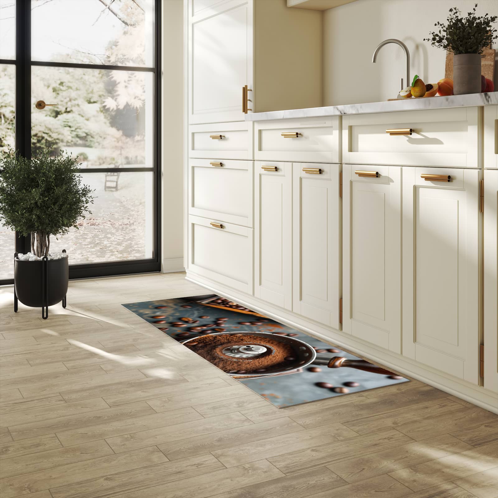 Farbbeständiger Küchenläufer mit Motiv Kaffeemühle in heller Küche