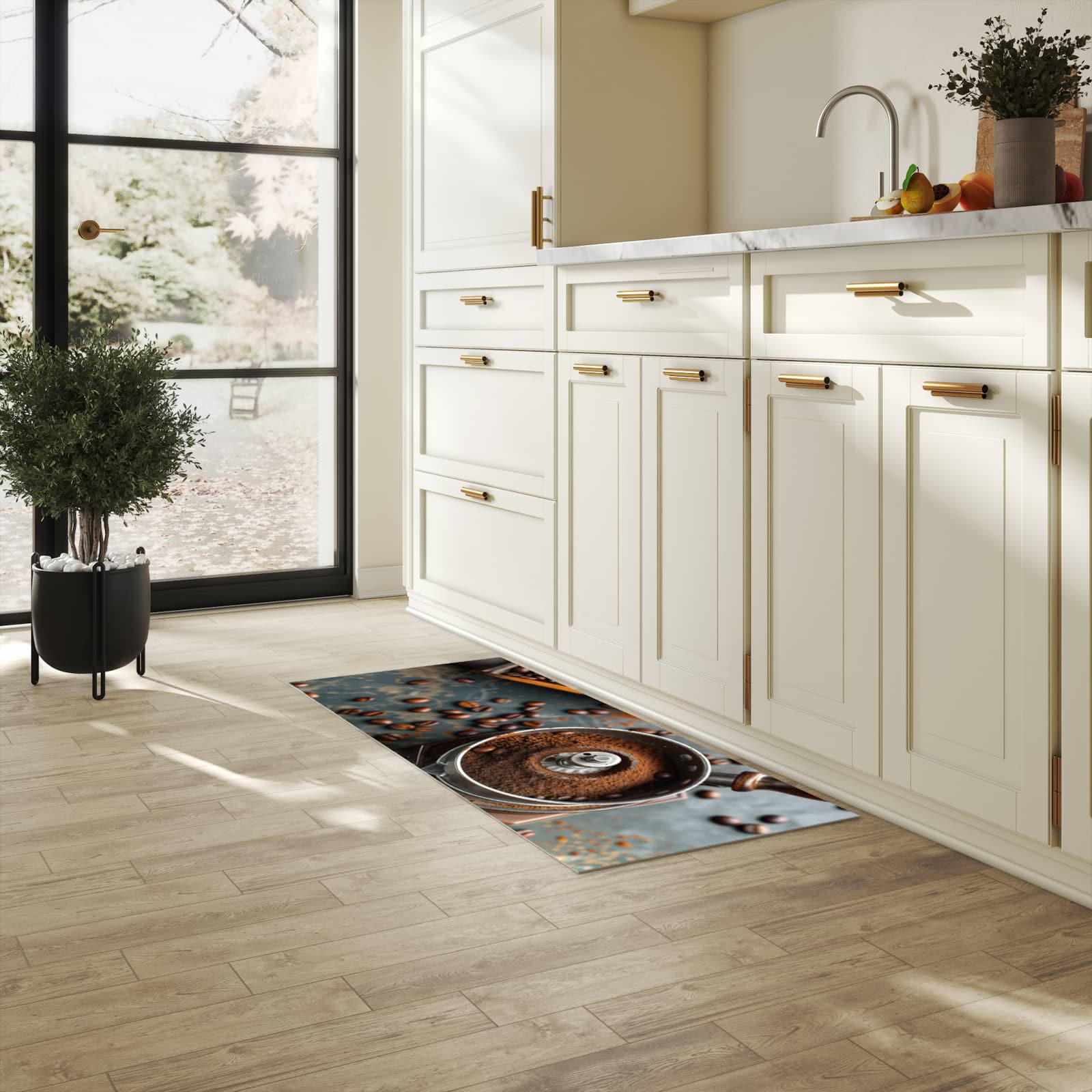 Bodenschonender Läufer für die Küche mit Motiv Kaffeemühle in heller Küche