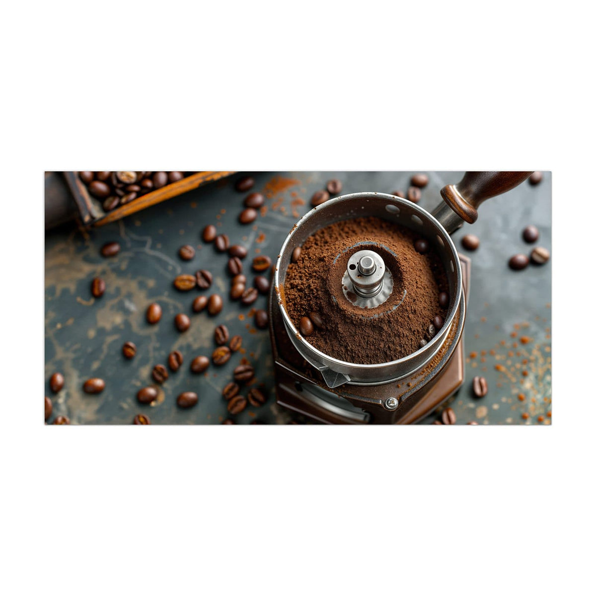 Küchenrückwand aus Glas Kaffeemühle im Hochformat, Motiv bildfüllend von vorn