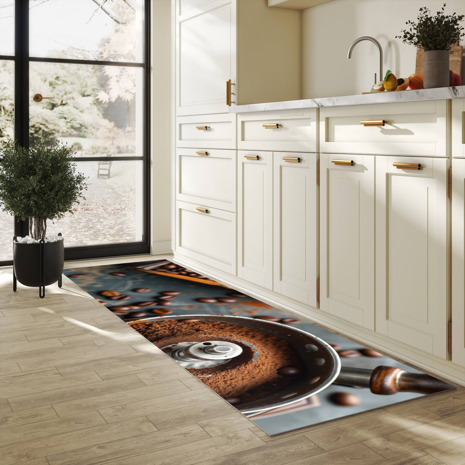 Waschbarer Küchenläufer mit Motiv Kaffeemühle für Trittkomfort in heller Küche