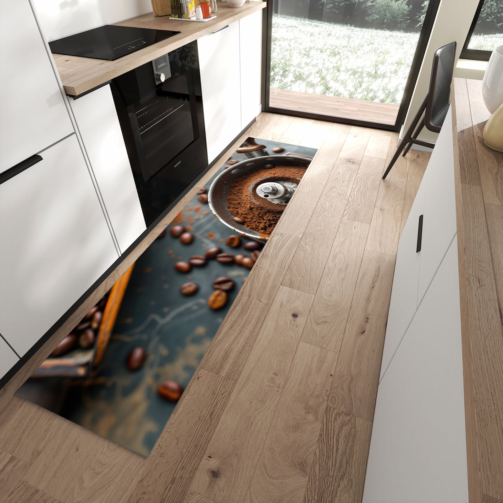 Zeitsparender rutschfester Läufer mit Motiv Kaffeemühle in moderner Küche