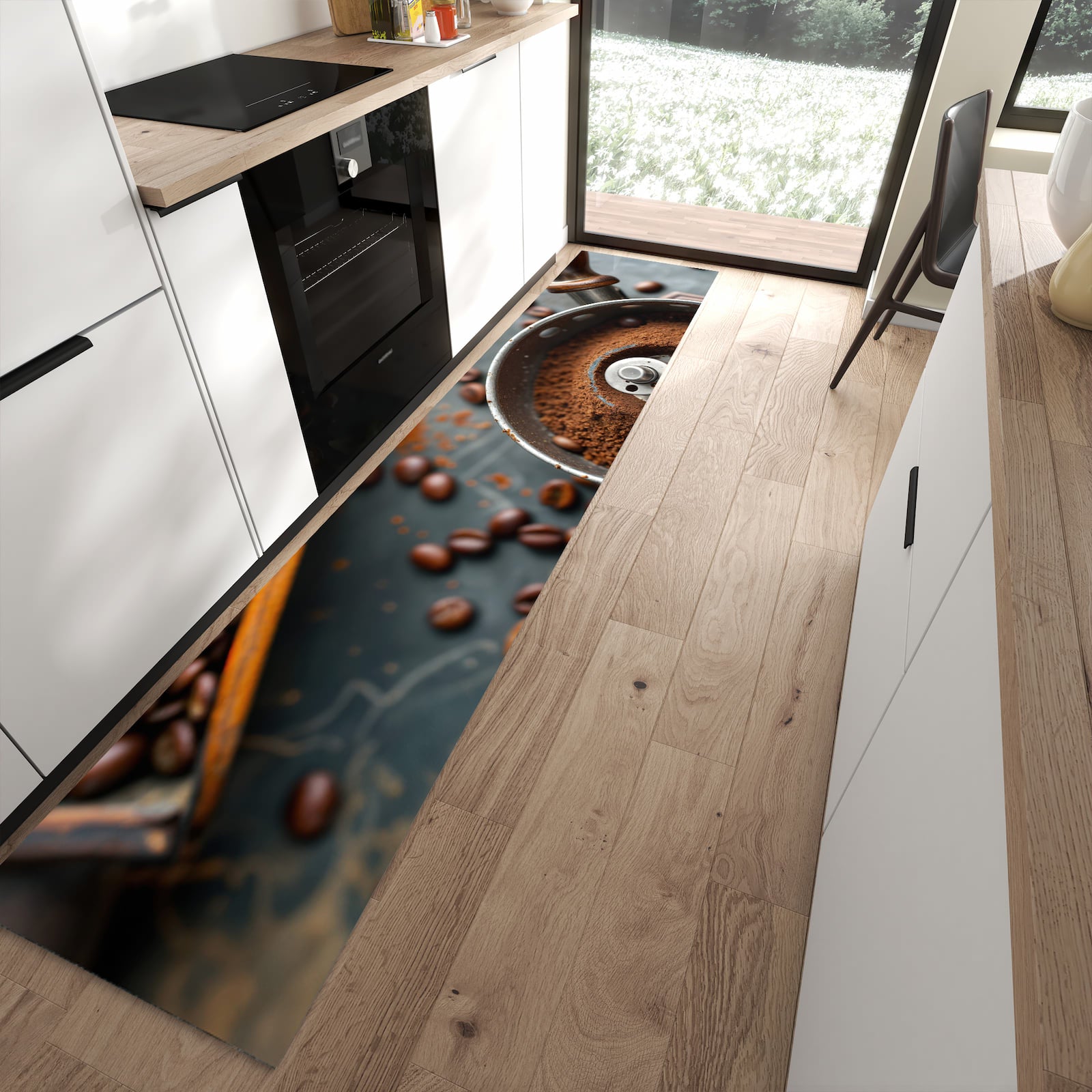 Abriebfester Küchenteppich mit Motiv Kaffeemühle in moderner Küche