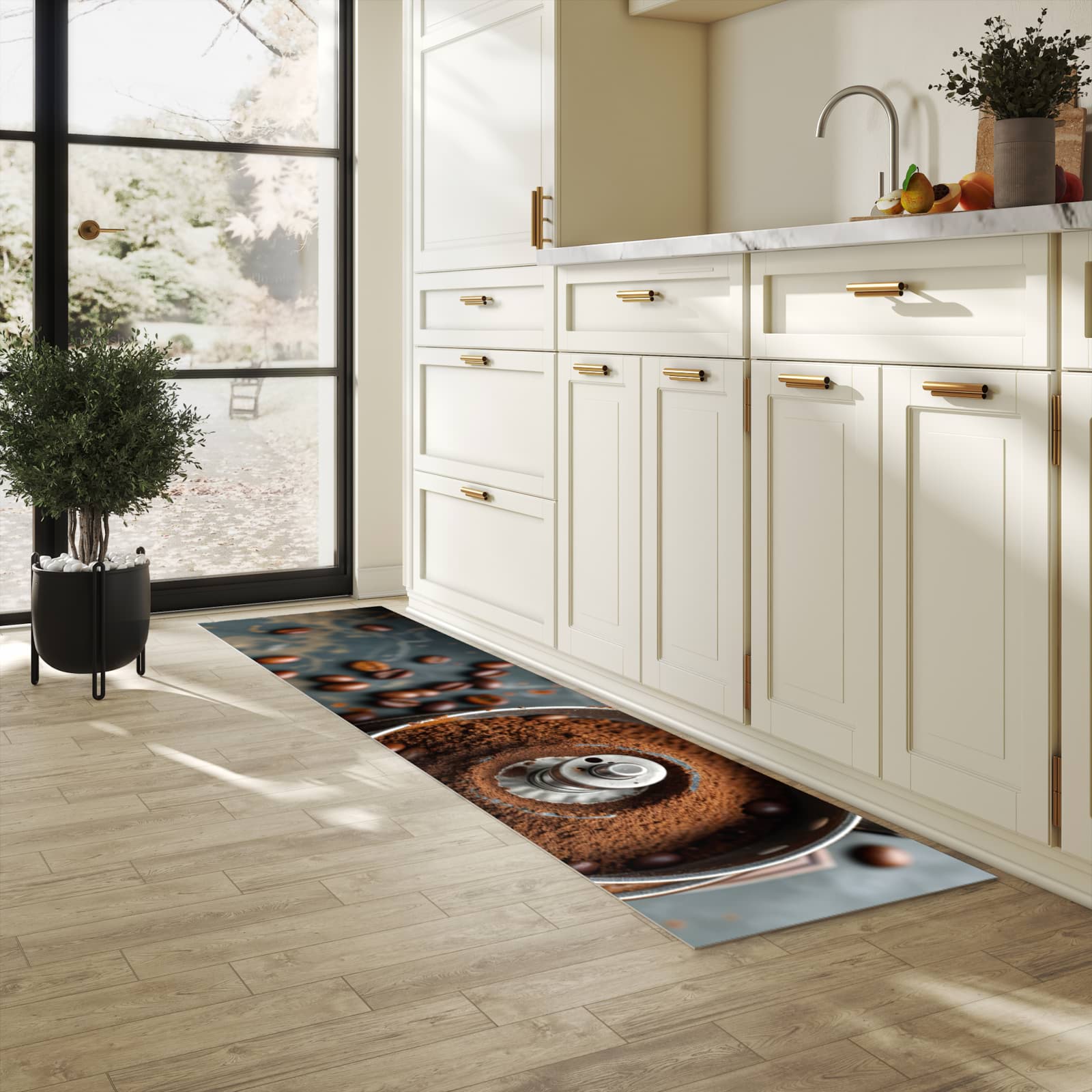 Küchenvorleger mit Motiv Kaffeemühle in heller Küche für sichere Aufbewahrung