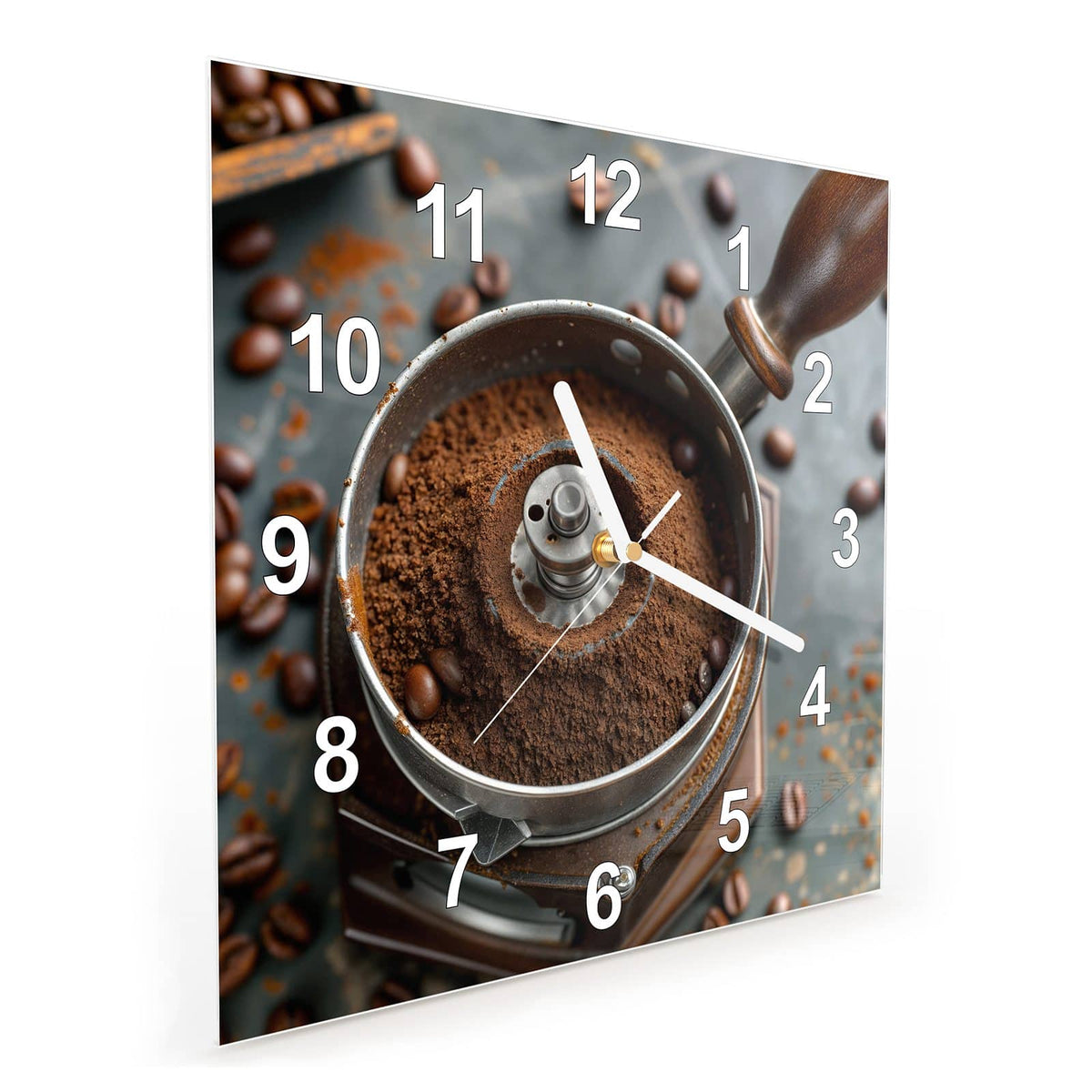 Vormontiert – mit Schwebeeffekt – Wanduhr Kaffeemühle aus Glas – Quadratisch 30 × 30 cm
