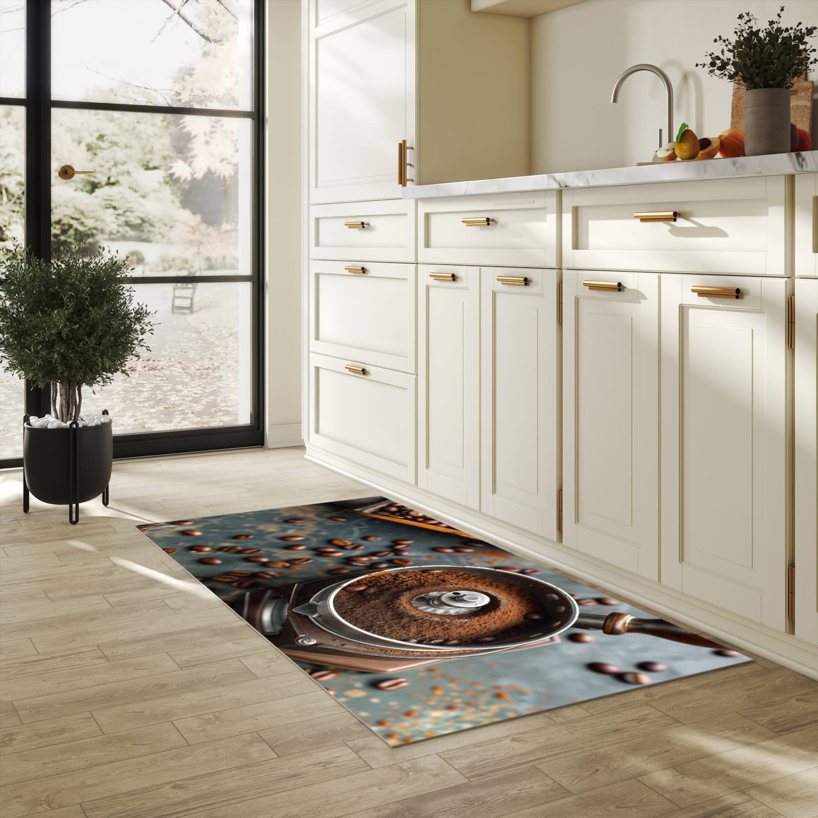 Fleckenresistenter langer Teppich mit Motiv Kaffeemühle in heller Küche
