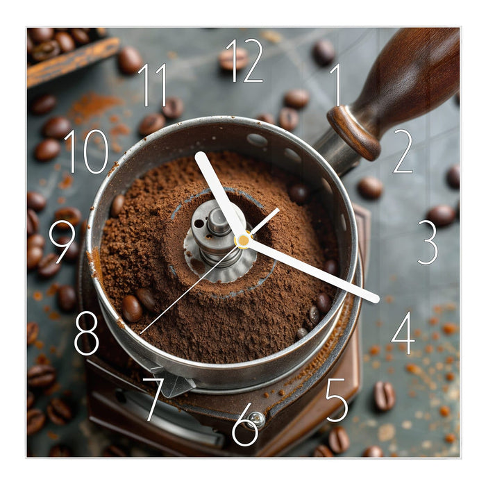 Wanduhr Kaffeemühle aus Glas – Quadratisch 30 × 30 cm mit Ziffernblatt Elegant
