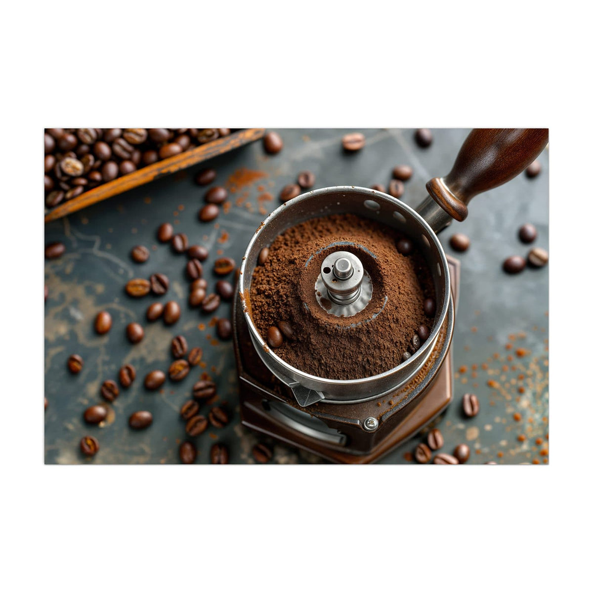 Küchenrückwand aus Glas Kaffeemühle im Hochformat, Motiv bildfüllend von vorn