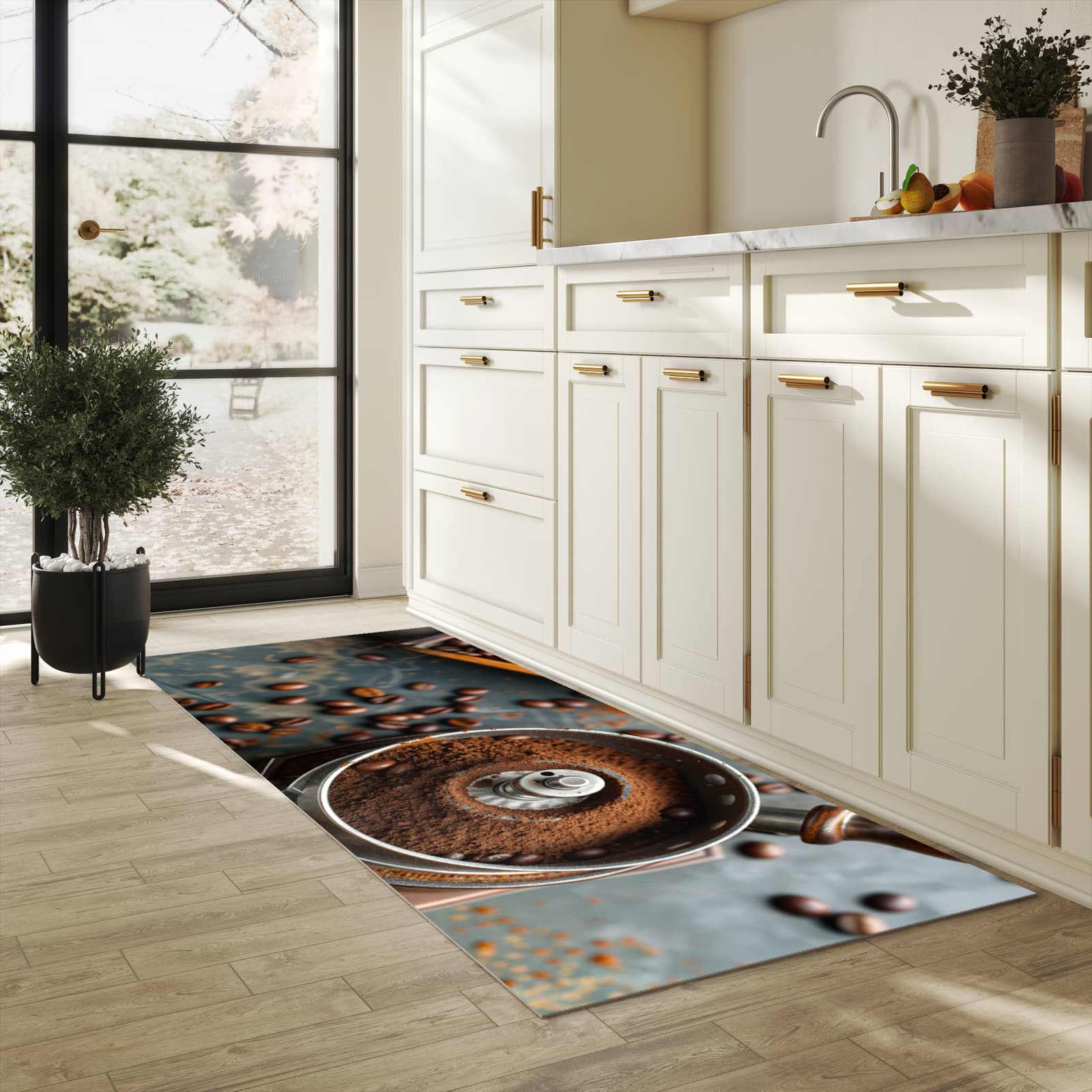 Schmutzabweisender Läufer mit Motiv Kaffeemühle für Eingangsbereich in heller Küche