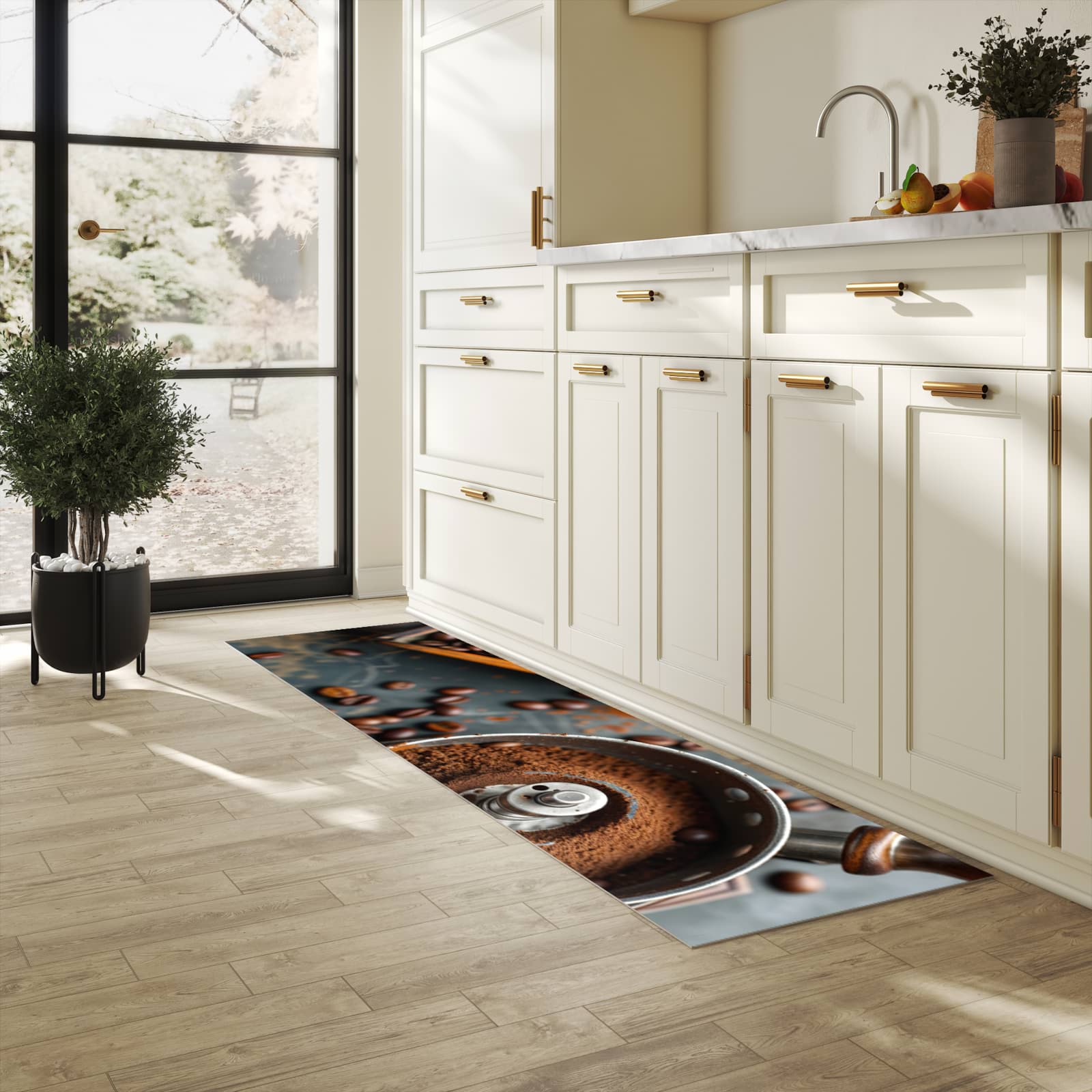 Formstabiler Küchenläufer mit Motiv Kaffeemühle in heller Küche