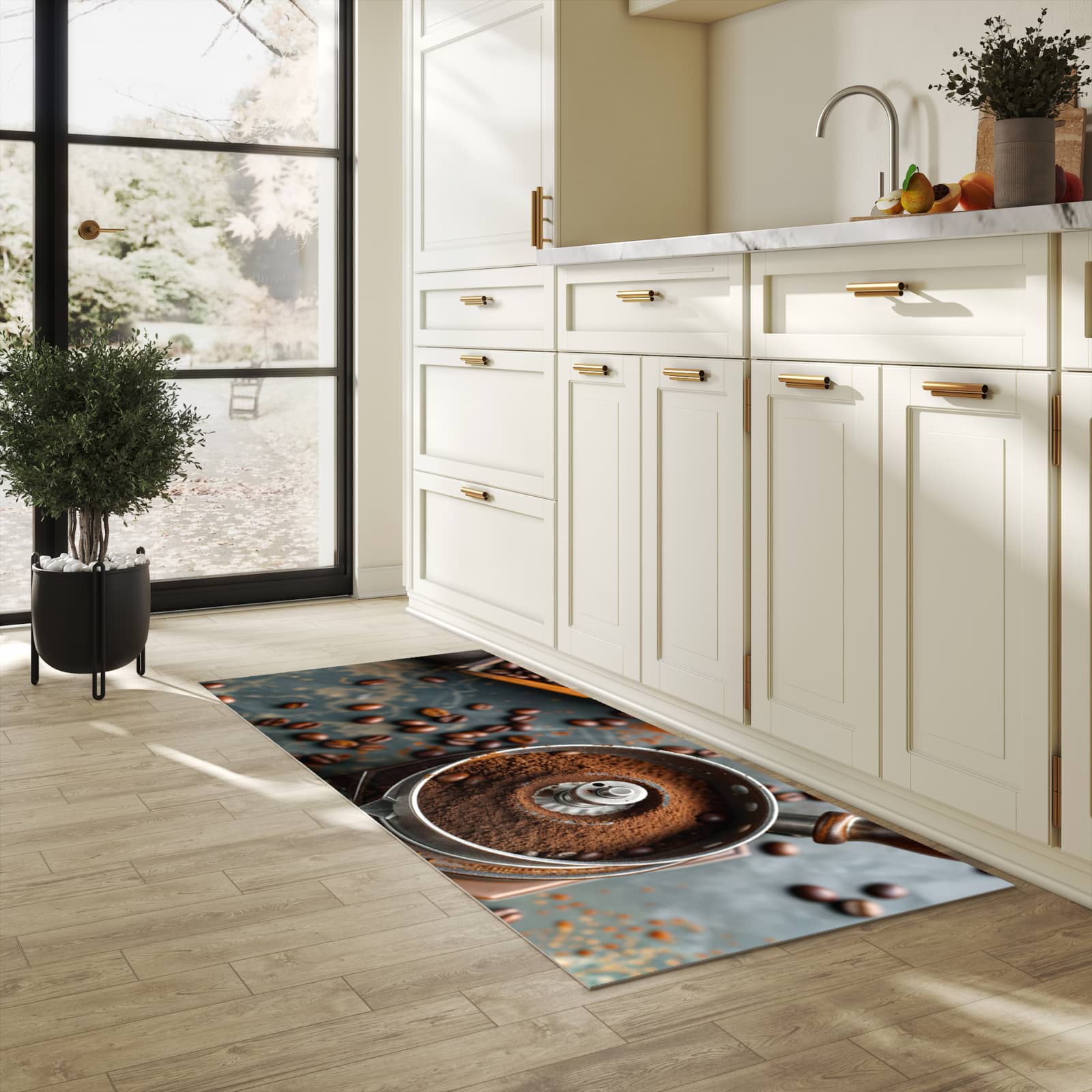 Abriebfester Küchenläufer mit Motiv Kaffeemühle in heller Küche