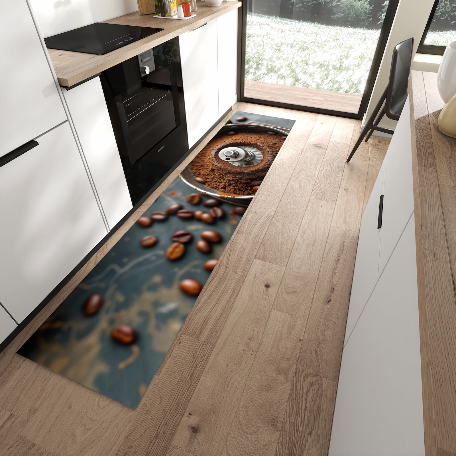 Geräuschdämpfender dünner Teppich mit Motiv Kaffeemühle in moderner Küche