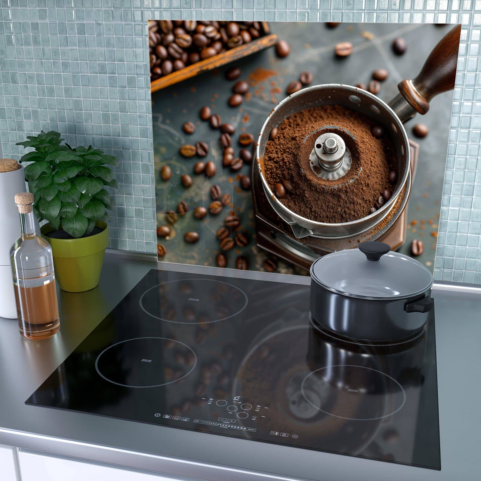 1-teilige Glasplatte für Herd mit Kaffeemühle-Motiv als Spritzschutz hinter dem Kochfeld