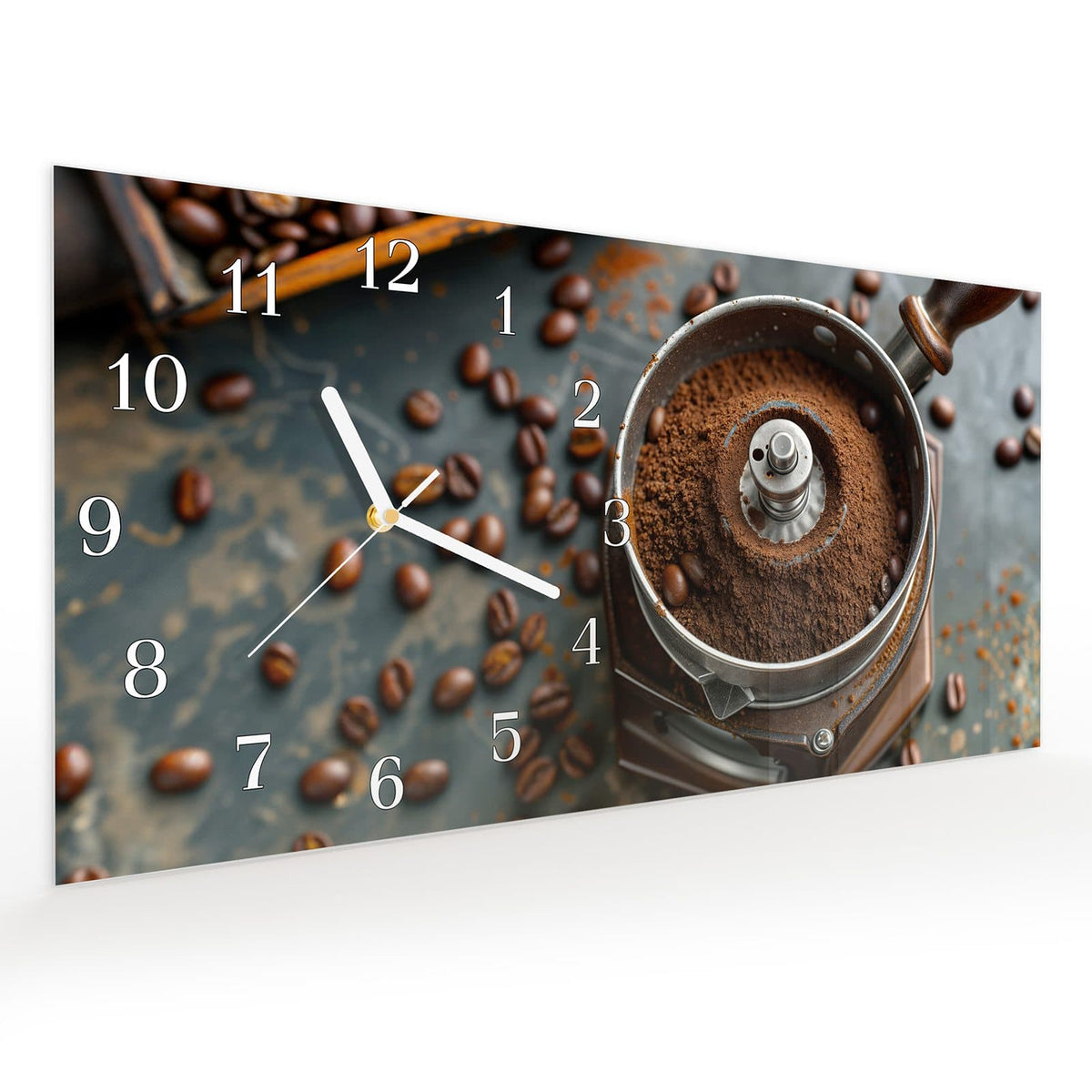 Vormontiert – mit Schwebeeffekt – Wanduhr Kaffeemühle aus Glas – Querformat 60 × 30 cm