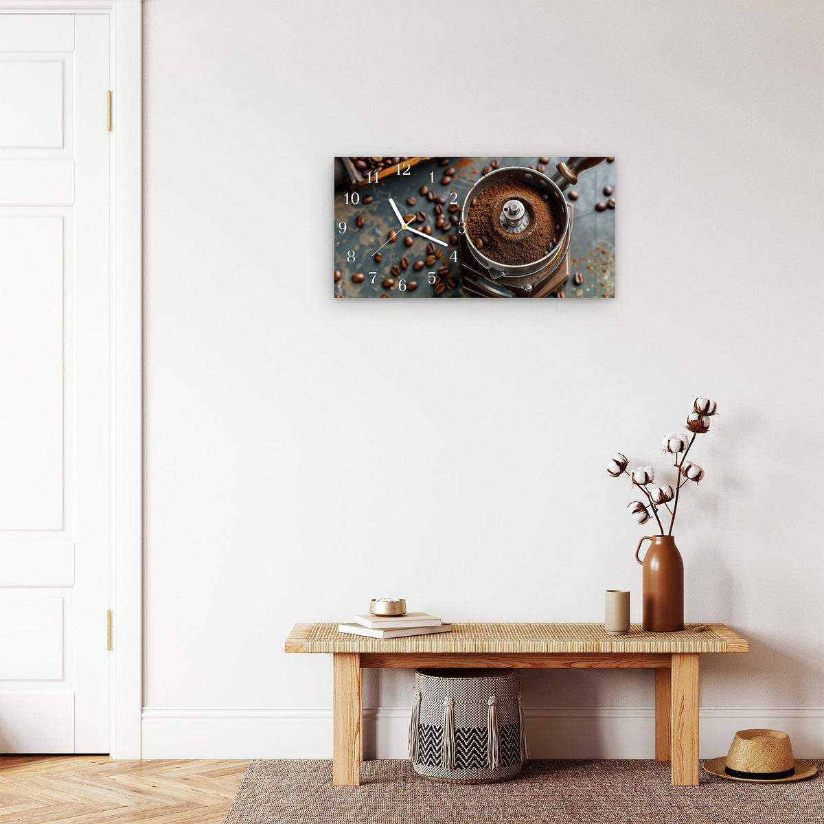 Moderne Wanduhr aus Glas mit Farbtiefe – Wanduhr Kaffeemühle aus Glas – Querformat 60 × 30 cm