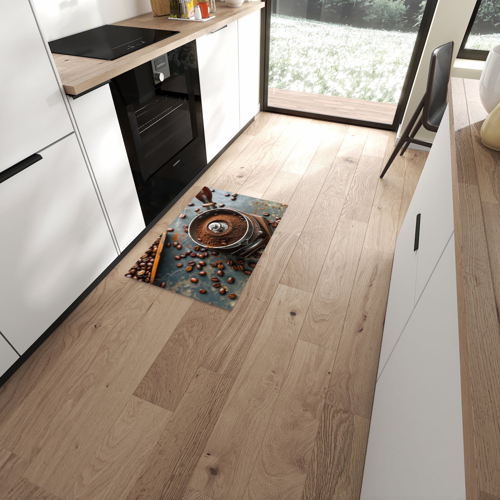 UV-beständiger waschbarer Küchenteppich mit Motiv Kaffeemühle in moderner Küche