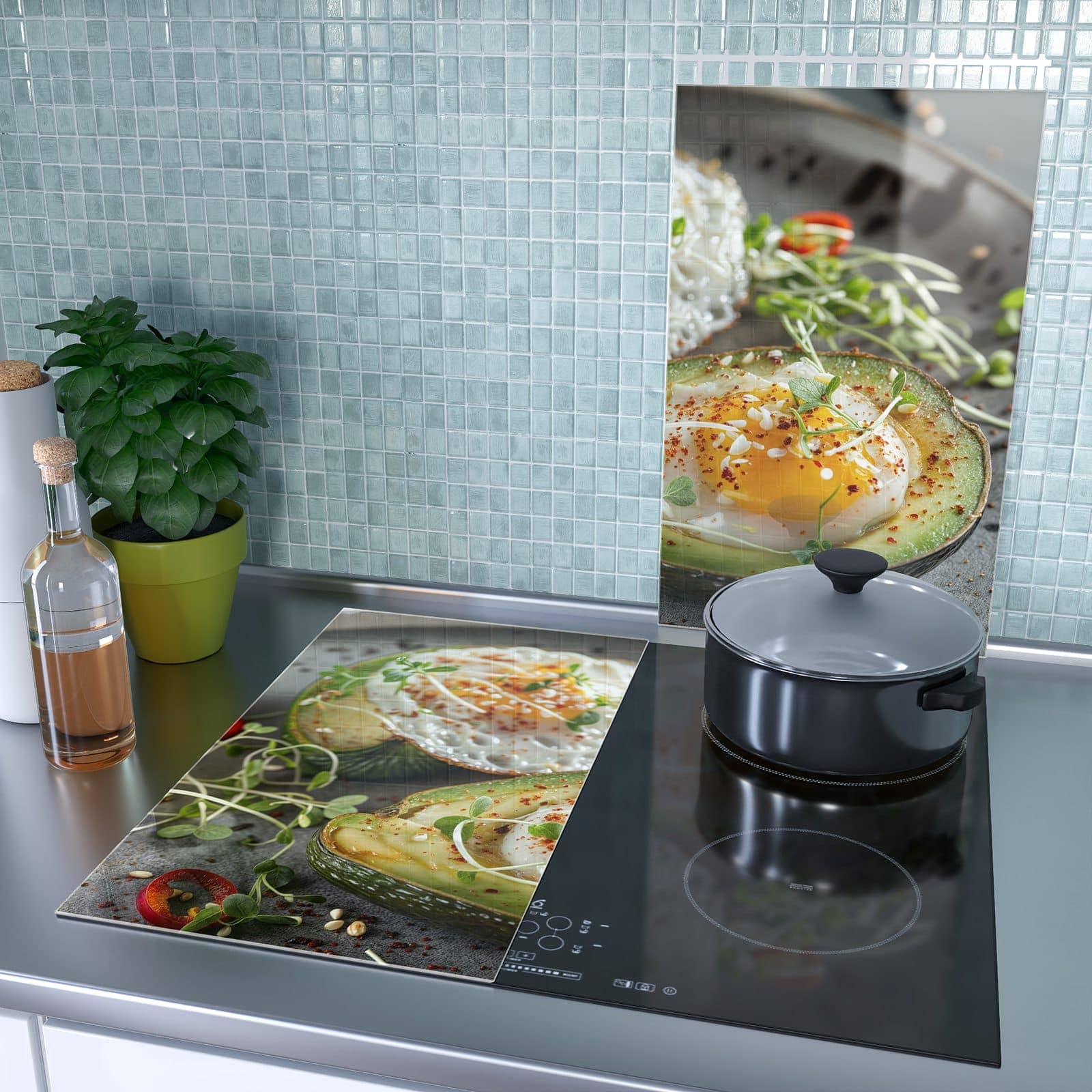 2-teilige Abdeckplatten Ceranfeld mit Avocado Frühstück-Motiv als Spritzschutz hinter dem Kochfeld