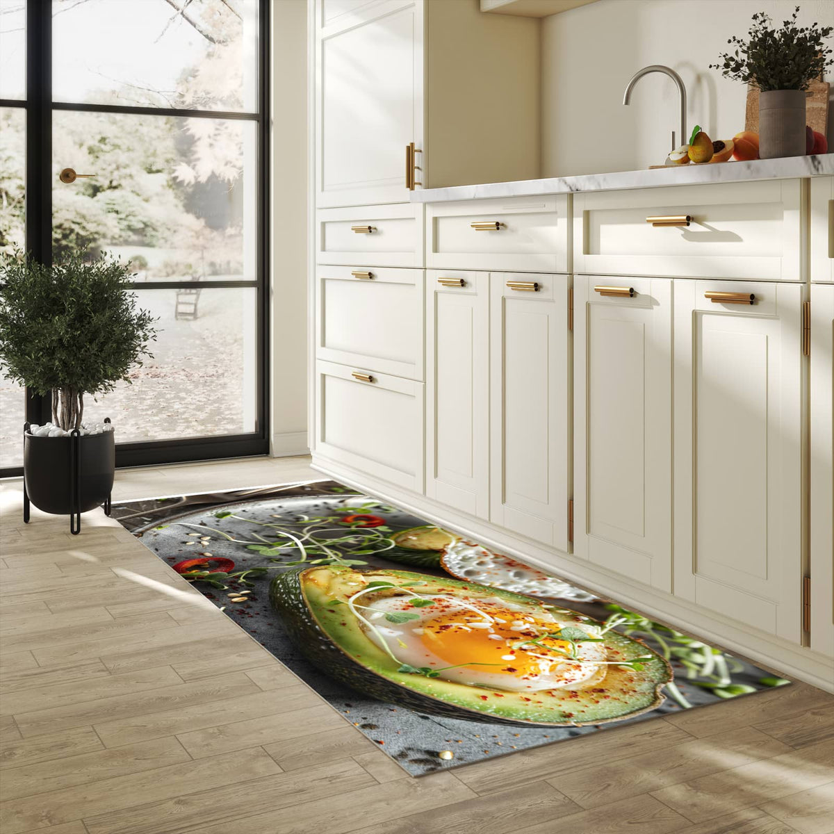 Bodenschonender Küchenteppich mit Motiv Avocado Frühstück in heller Küche