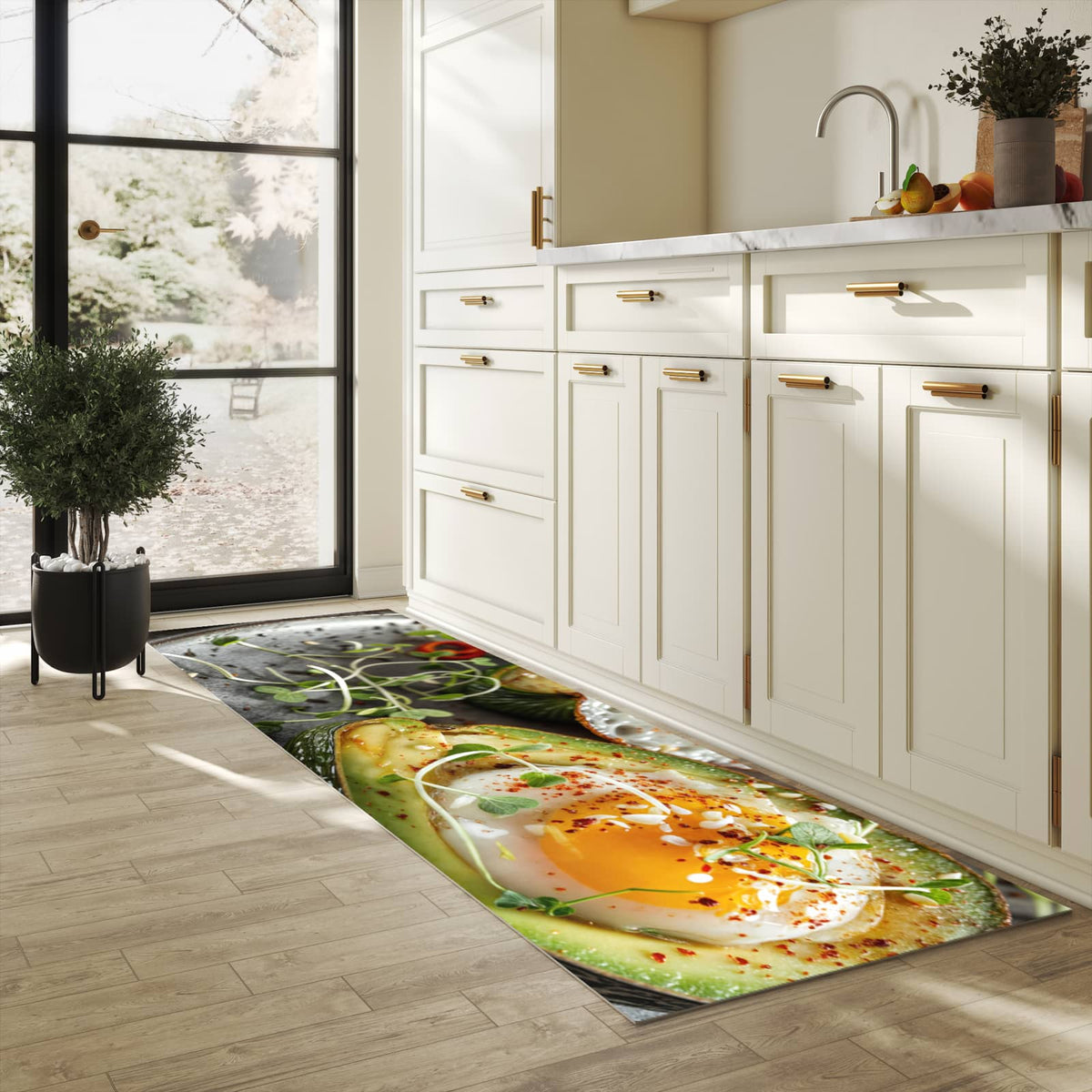Langlebiger Teppich für die Küche mit Motiv Avocado Frühstück in heller Küche