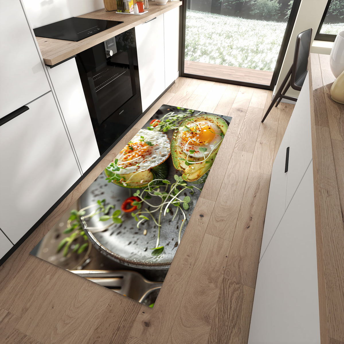 Langlebiger Küchenvorleger mit Motiv Avocado Frühstück in moderner Küche