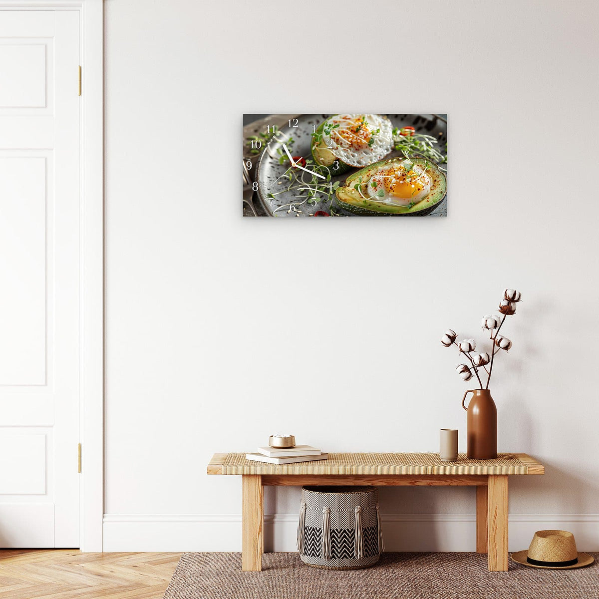 Moderne Wanduhr aus Glas mit Farbtiefe – Wanduhr Avocado Frühstück aus Glas – Querformat 60 × 30 cm