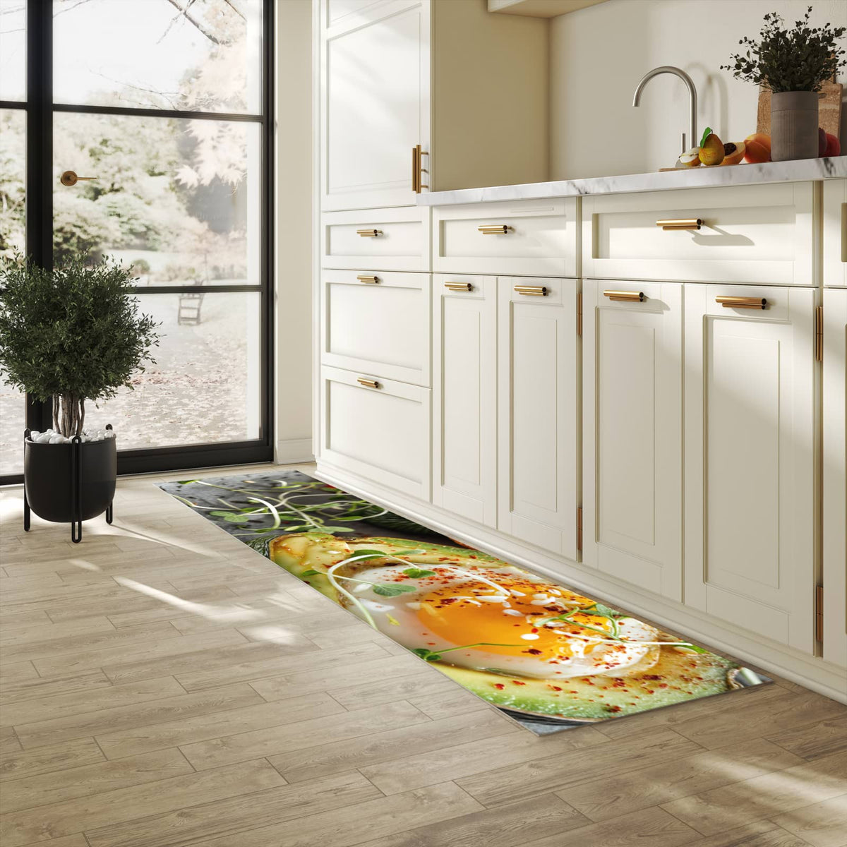 Abwaschbarer Küchenteppich mit Motiv Avocado Frühstück in heller Küche