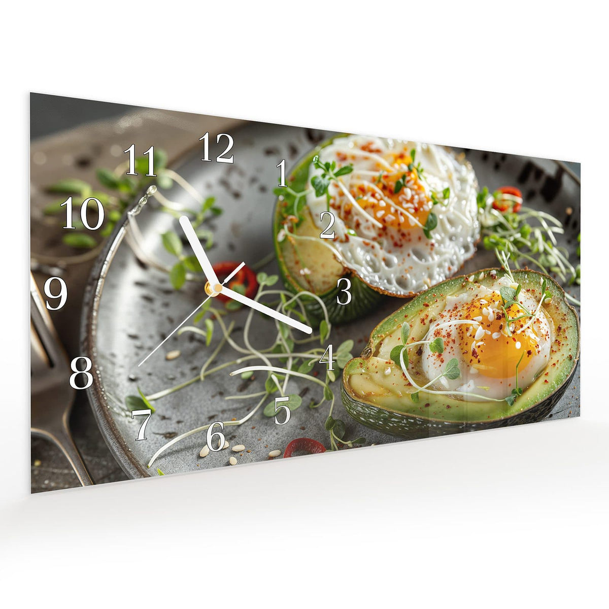 Vormontiert – mit Schwebeeffekt – Wanduhr Avocado Frühstück aus Glas – Querformat 60 × 30 cm