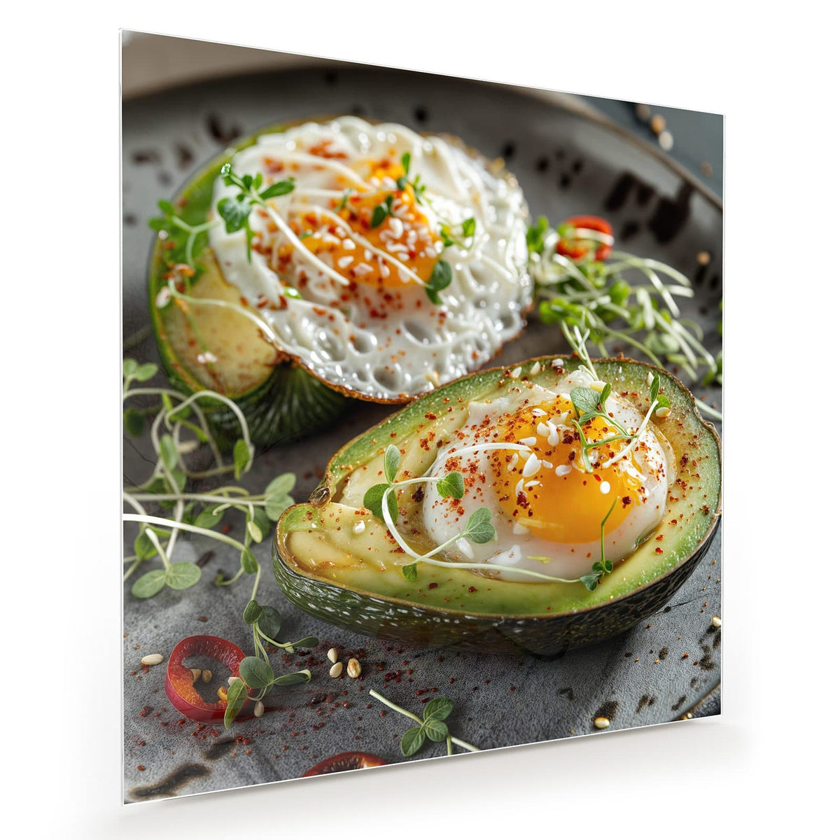 Zwei Avocadohälften mit darin gegartem Ei, Kresse, Chiliflocken und Sesam auf dunklem Teller.