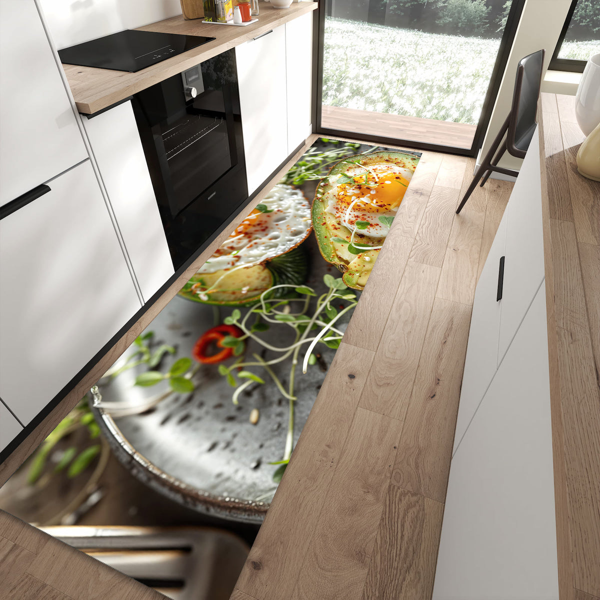 Bodenschonender Küchenteppich mit Motiv Avocado Frühstück in moderner Küche