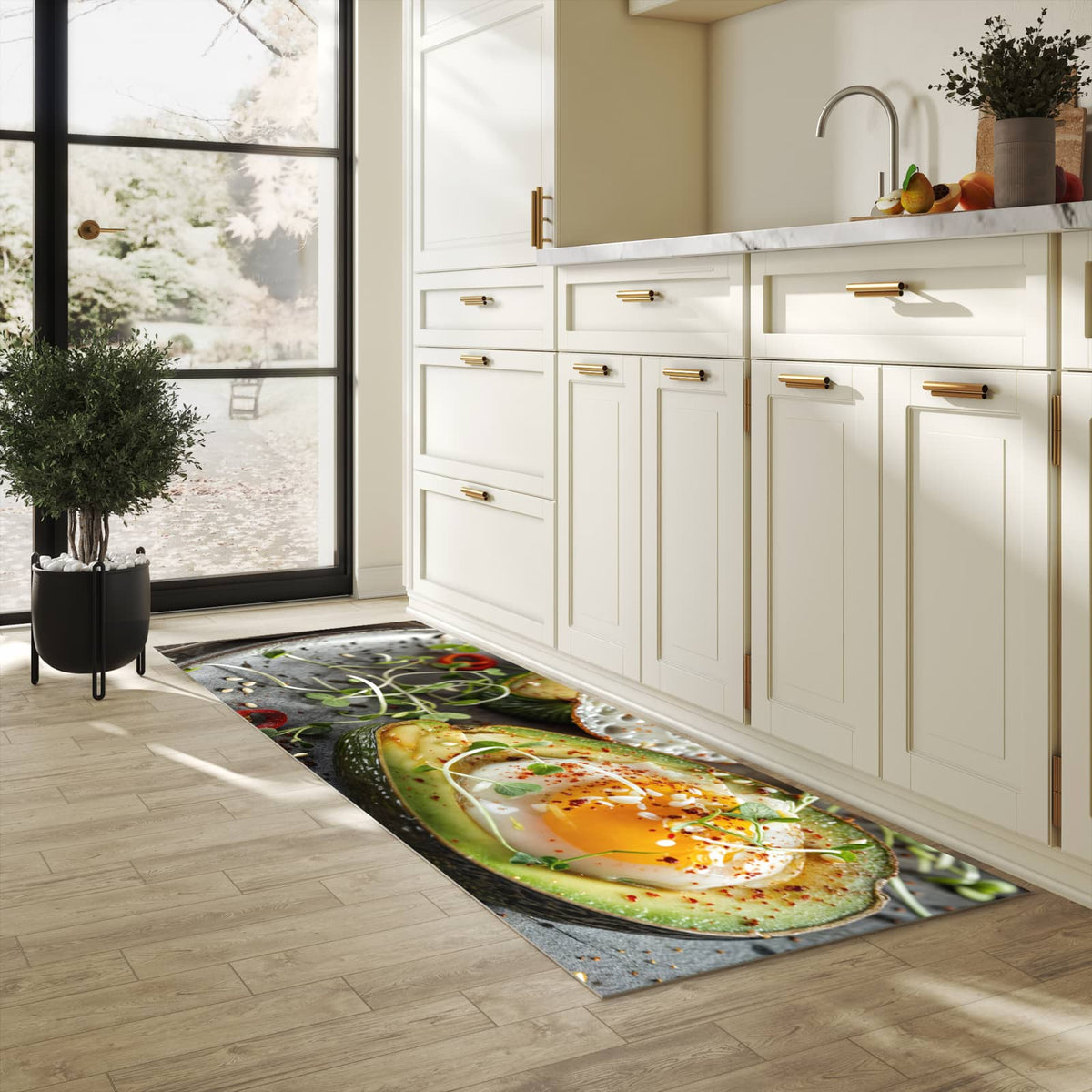 Waschbarer Küchenteppich mit Motiv Avocado Frühstück in heller Küche
