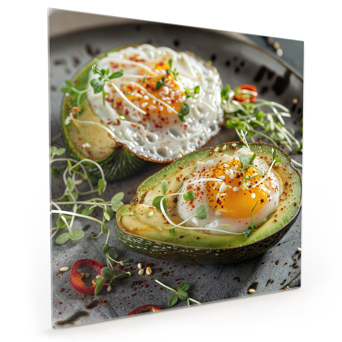 Küchenrückwand aus Glas im quadratischen Format: Zwei Avocadohälften mit darin gegartem Ei, Kresse, Chiliflocken und Sesam auf dunklem Teller. #grösse_40 x 40 cm #grösse_50 x 50 cm #grösse_60 x 60 cm