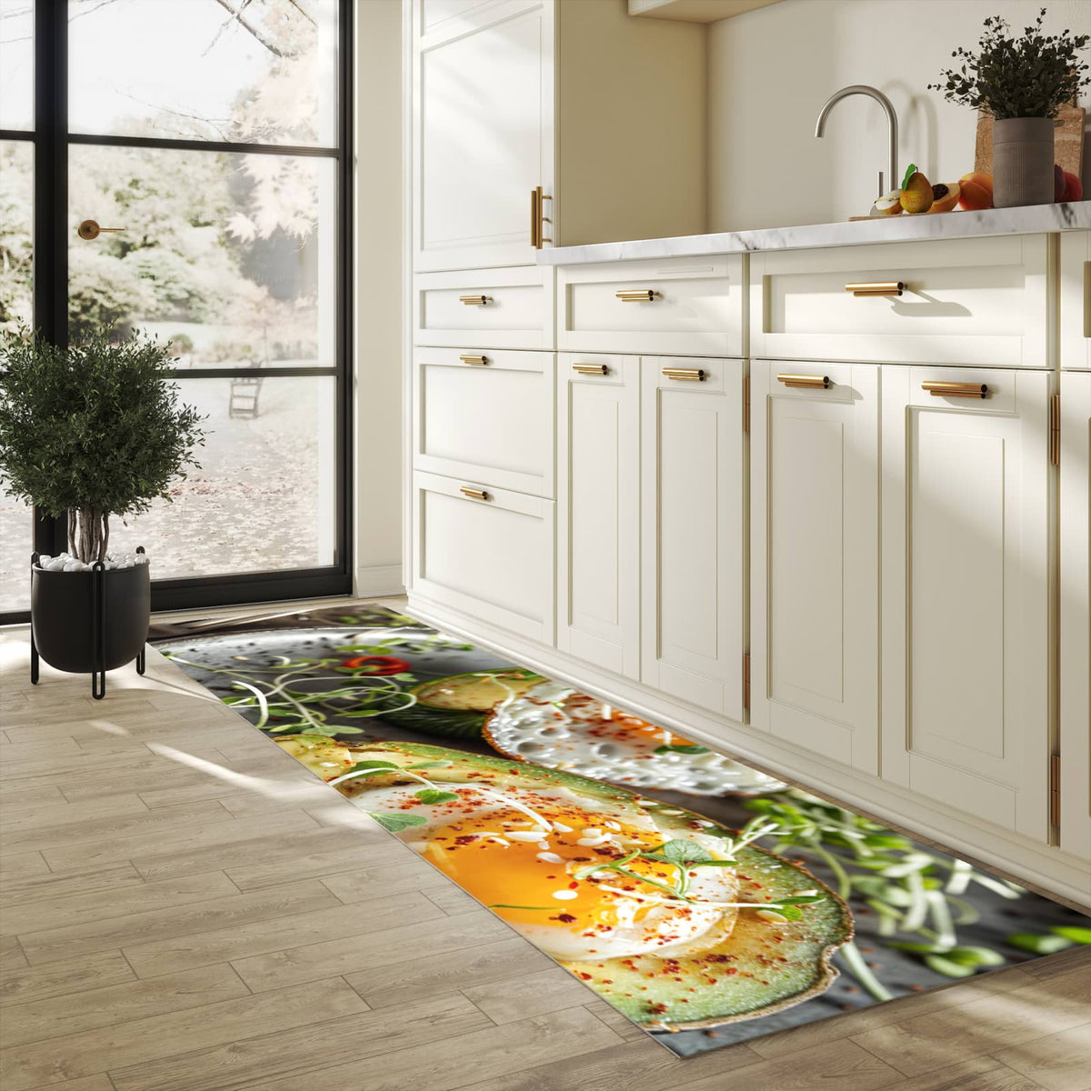 Rutschfester Küchenteppich mit Motiv Avocado Frühstück in heller Küche