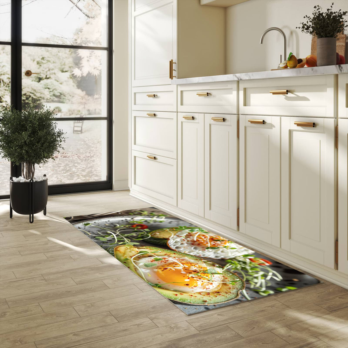 Strapazierfähiger Küchenteppich mit Motiv Avocado Frühstück in heller Küche