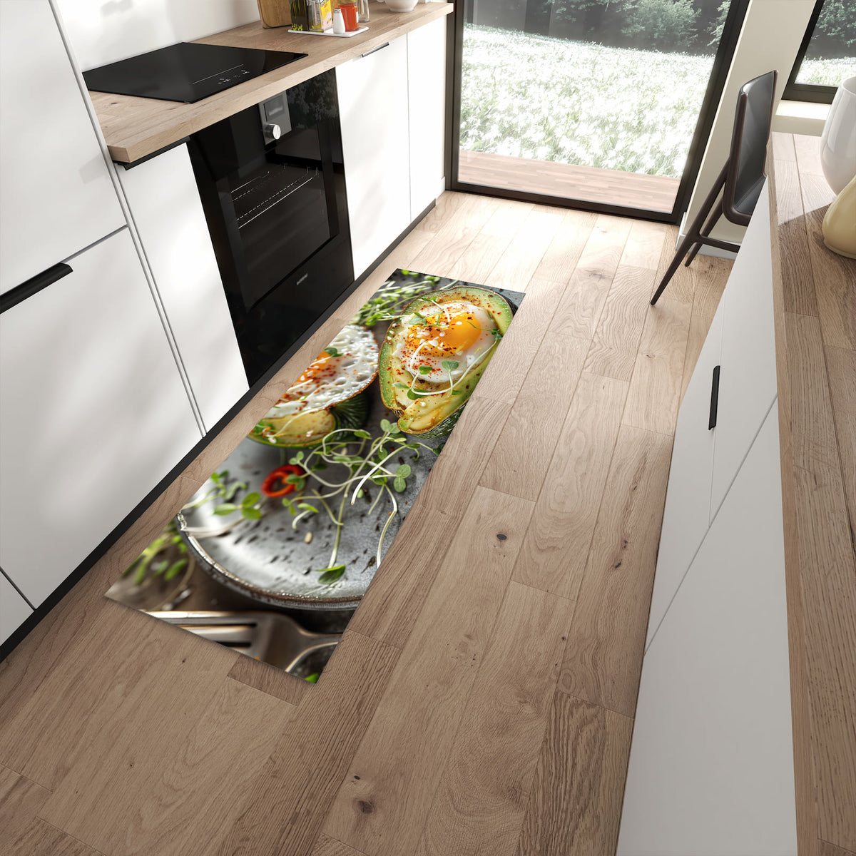 Pflegeleichter Küchenteppich mit Motiv Avocado Frühstück in moderner Küche