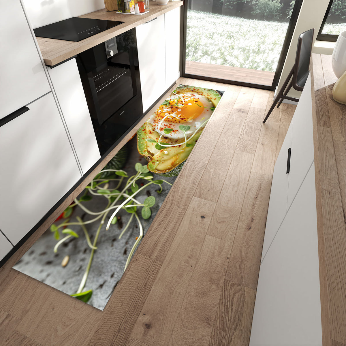Hygienischer Läufer für die Küche mit Motiv Avocado Frühstück in moderner Küche