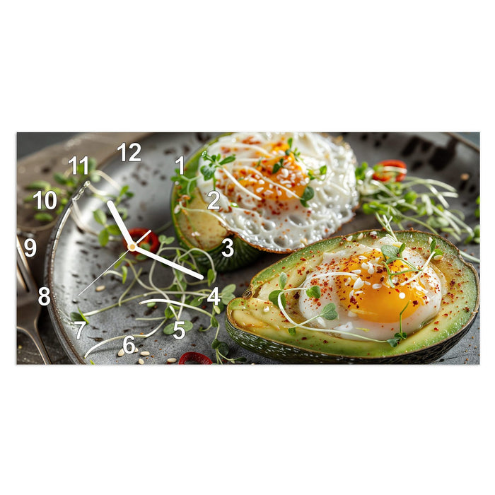 Wanduhr Avocado Frühstück aus Glas – Querformat 60 × 30 cm mit Ziffernblatt Modern