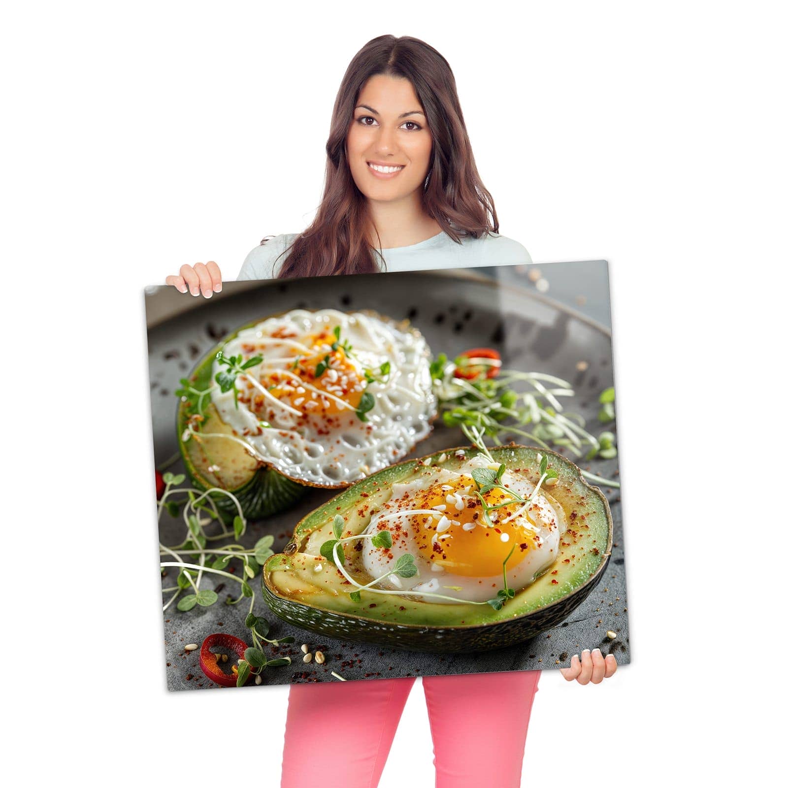 1-teilige Herdabdeckplatte mit Avocado Frühstück-Motiv wird zur Größendarstellung gehalten