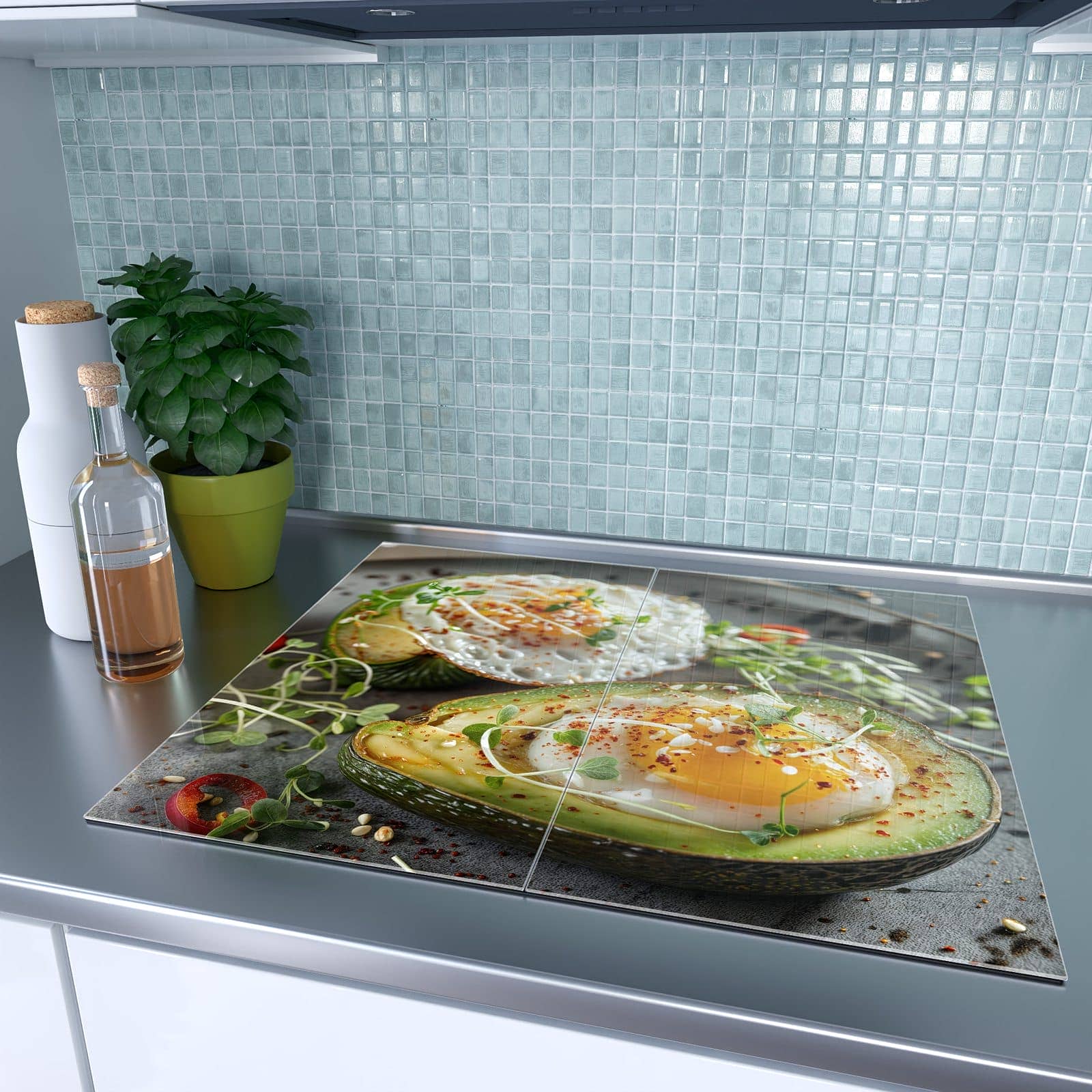 2-teilige Herdabdeckplatte mit Avocado Frühstück-Motiv auf dem Ceranfeld