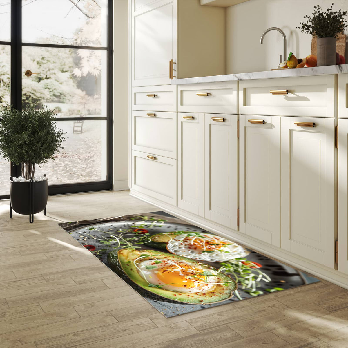 Feuchtigkeitsresistenter Küchenteppich mit Motiv Avocado Frühstück in heller Küche