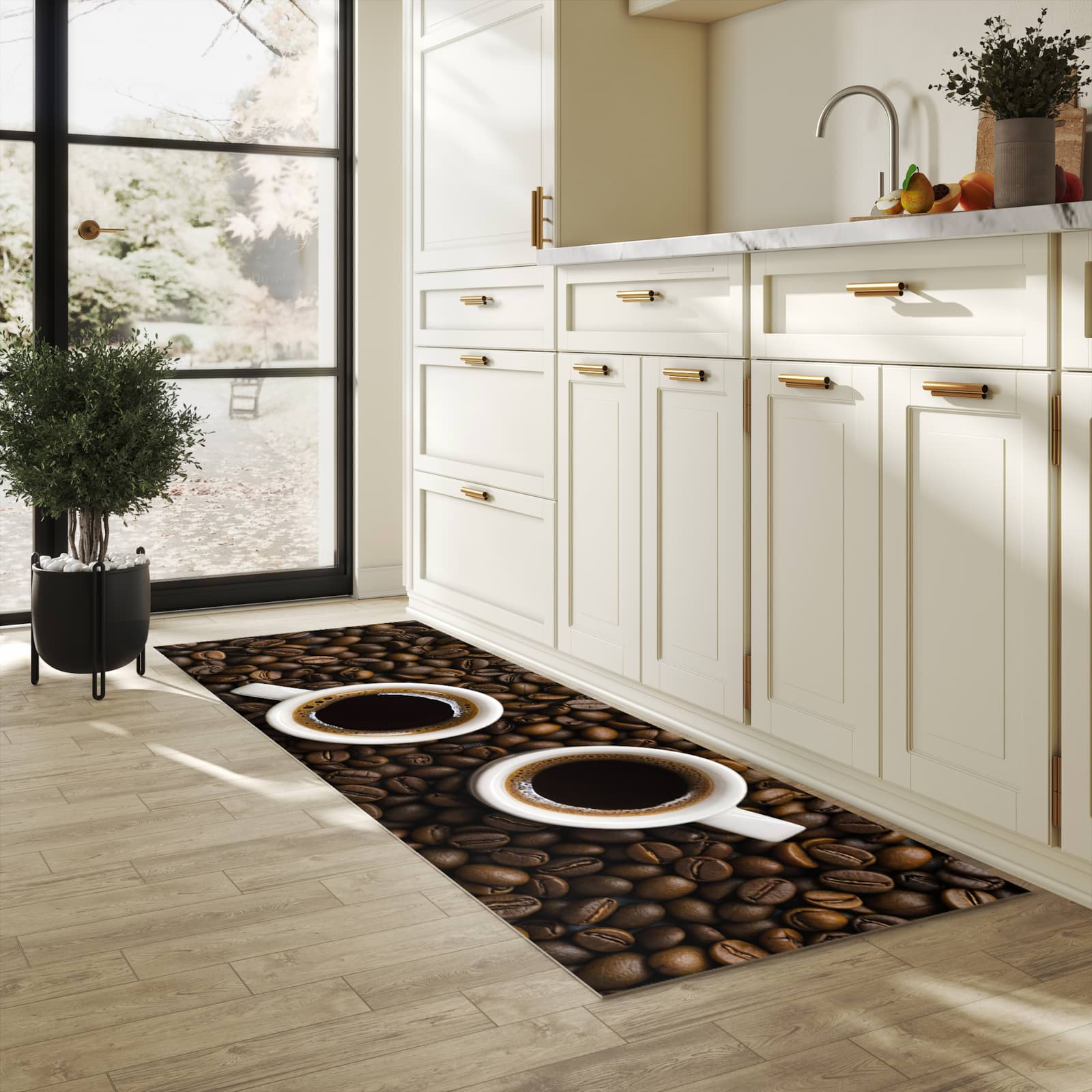 Wasserabweisender rutschfester Küchenläufer mit Motiv Kaffeebohnen und Tassen in heller Küche