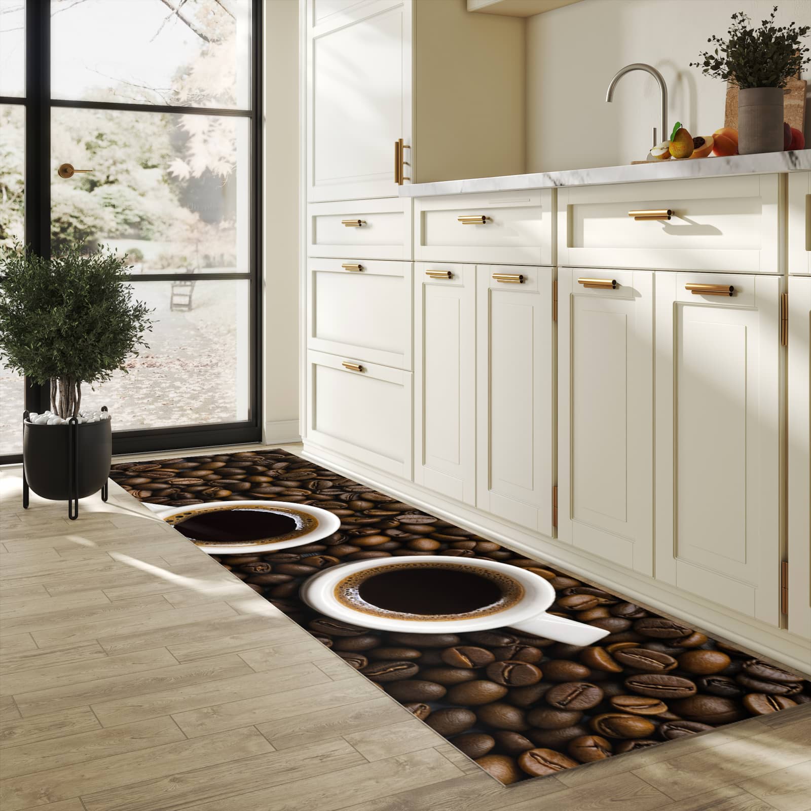 Schmutzabweisender Küchenläufer mit Motiv Kaffeebohnen und Tassen in heller Küche