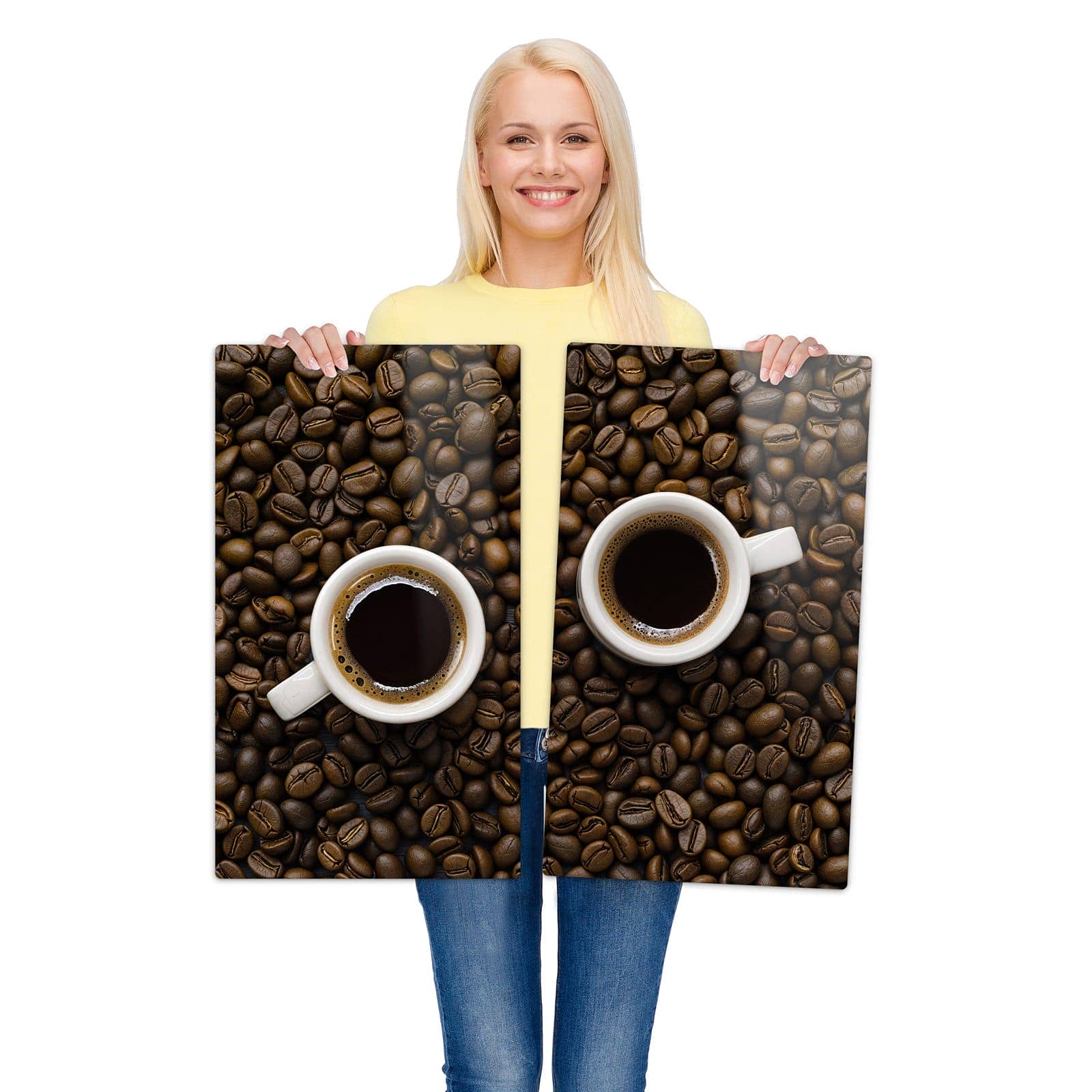 2-teilige Ceranfeld Abdeckungen mit Kaffeebohnen und Tassen-Motiv wird zur Größendarstellung gehalten